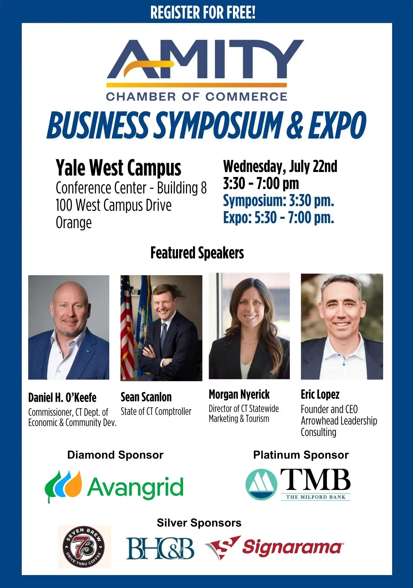 Amity Chamber Business Symposium & Expo flyer for July 22nd at Yale West Campus, featuring guest speakers, event details, and sponsor logos.
