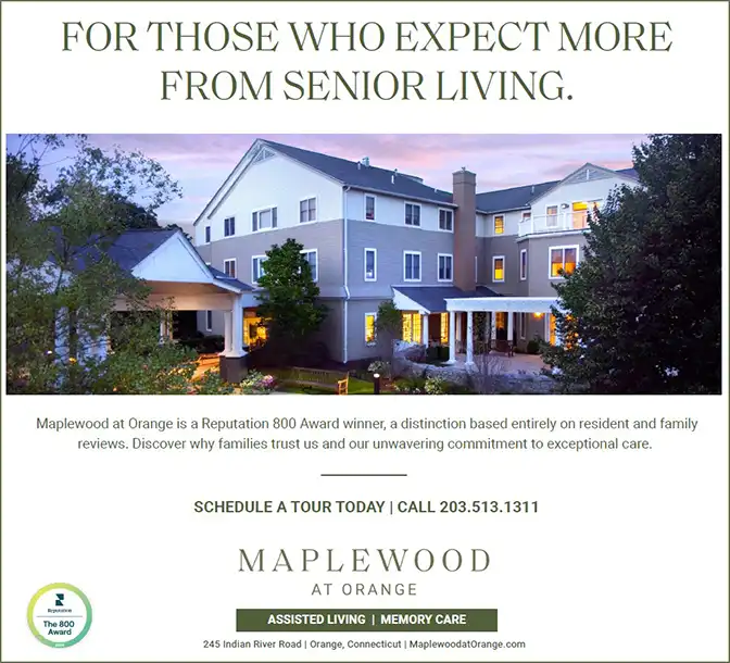 Advertisement for Maplewood at Orange senior living in Connecticut, featuring an exterior photo of the assisted living and memory care community.