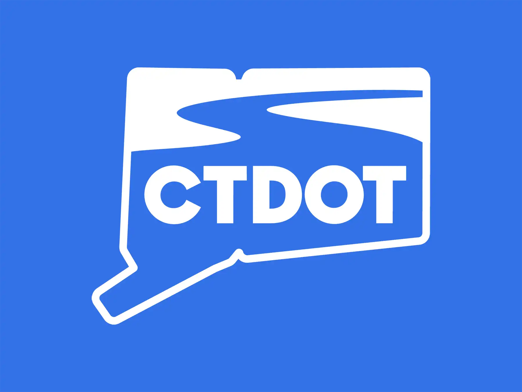 Official CTDOT logo featuring a white Connecticut state map outline with a winding blue road and white CTDOT text on a solid blue background.