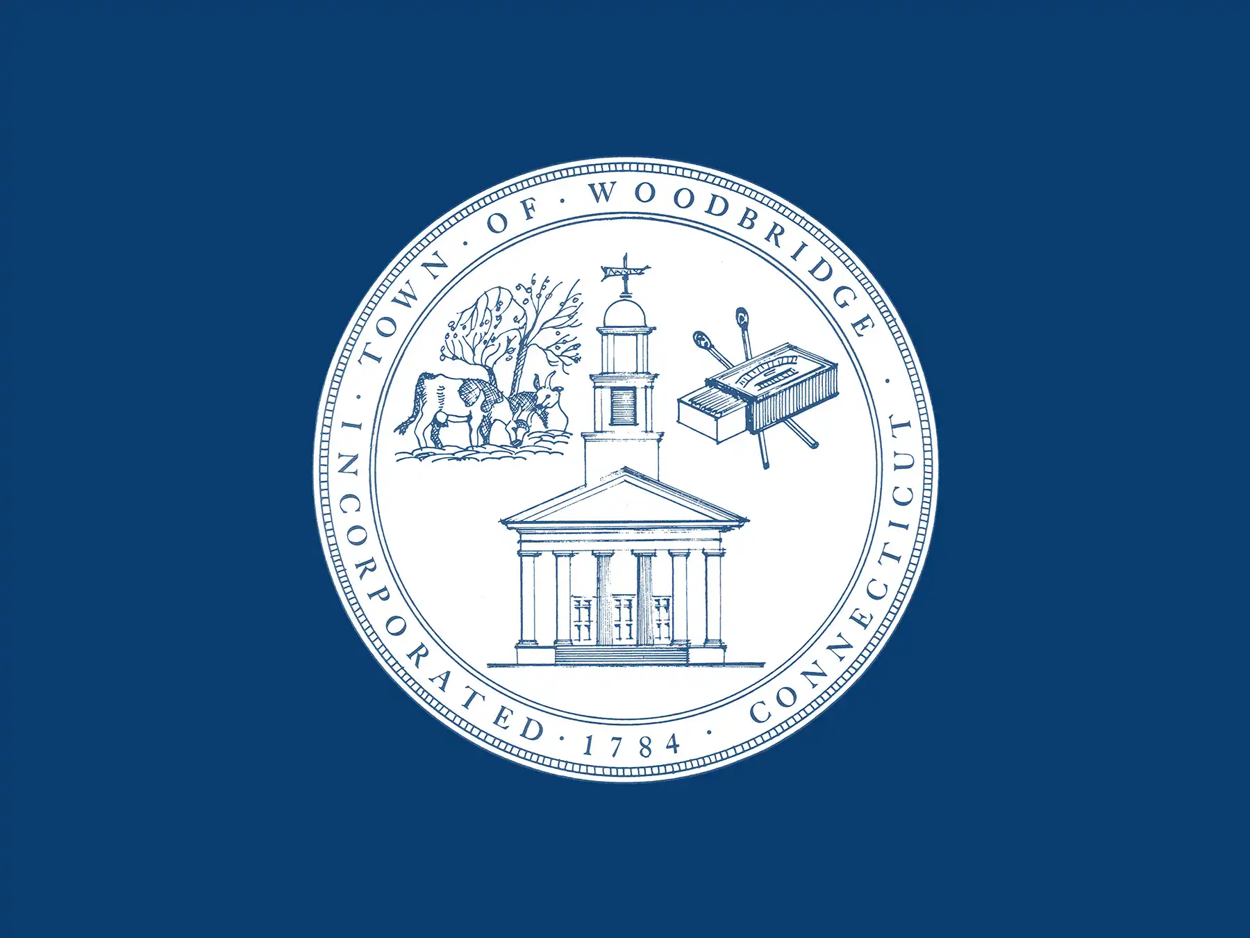 Official blue and white seal flag of the Town of Woodbridge Connecticut featuring a historic church, livestock, and incorporated date 1784.