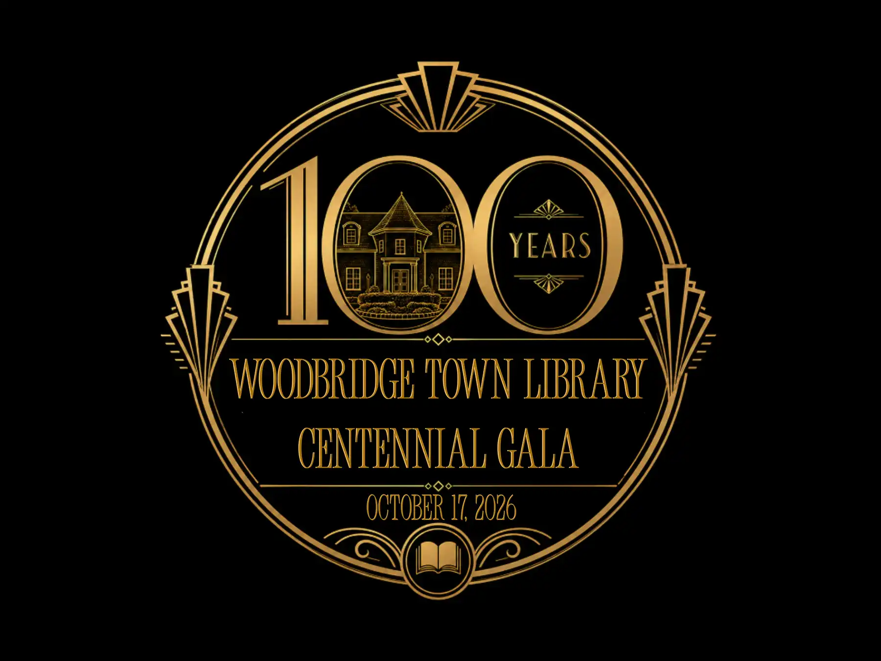 Gold Art Deco emblem for the Woodbridge Town Library 100 Years Centennial Gala on October 17, 2026, featuring an illustration of the library.