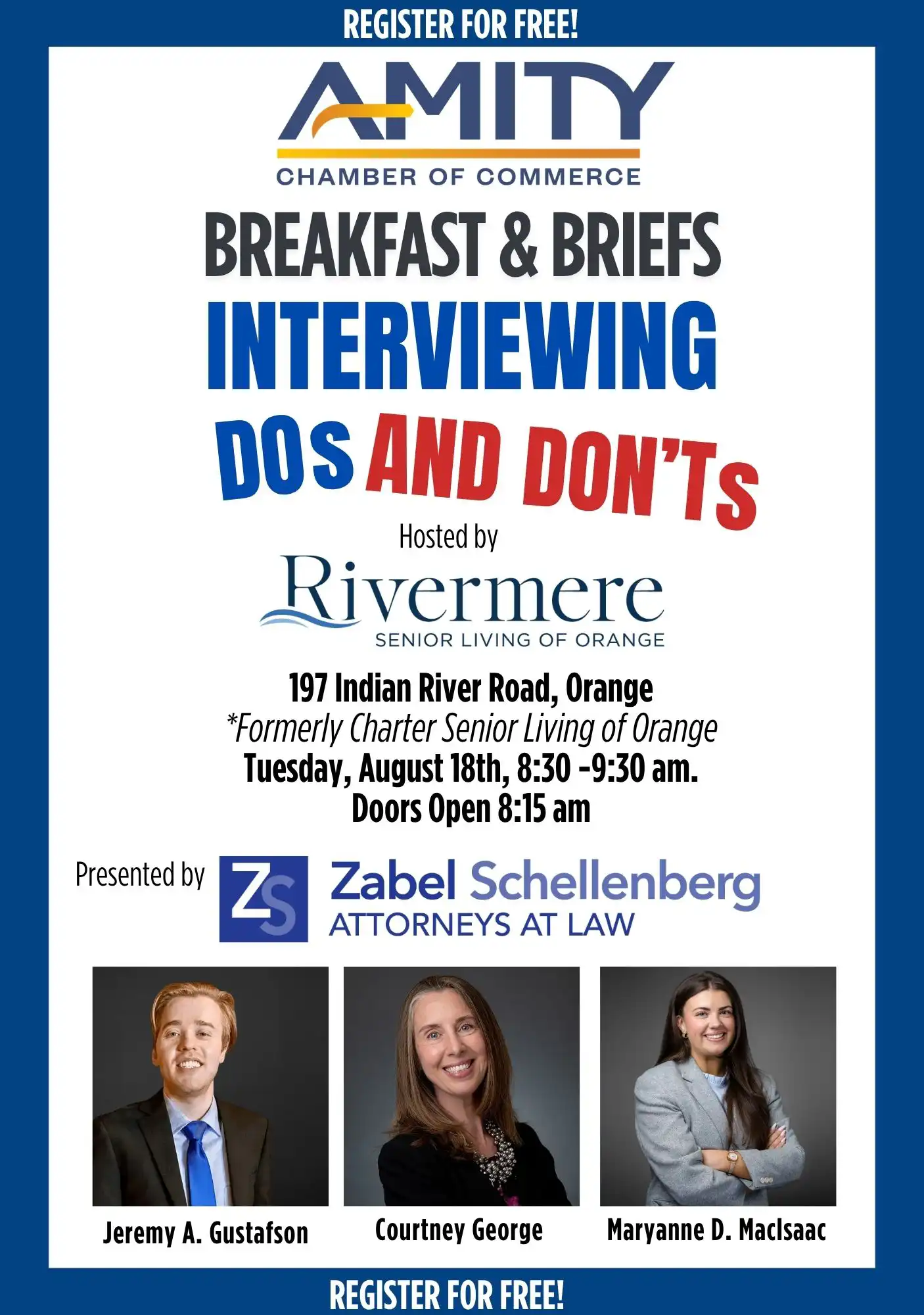 Amity Chamber Breakfast & Briefs flyer on Interviewing Dos and Don'ts hosted by Rivermere with speakers Gustafson, George, and MacIsaac.
