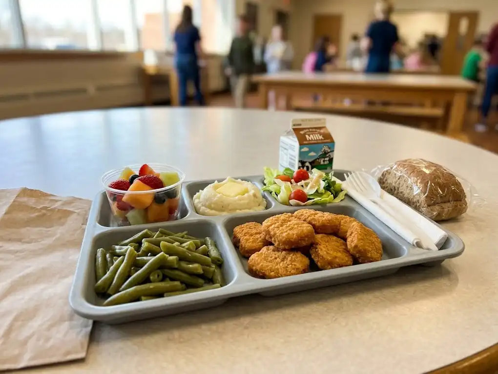 A balanced school lunch tray featuring chicken nuggets, mashed potatoes, green beans, salad, fresh fruit, a bread roll, and milk in a cafeteria.