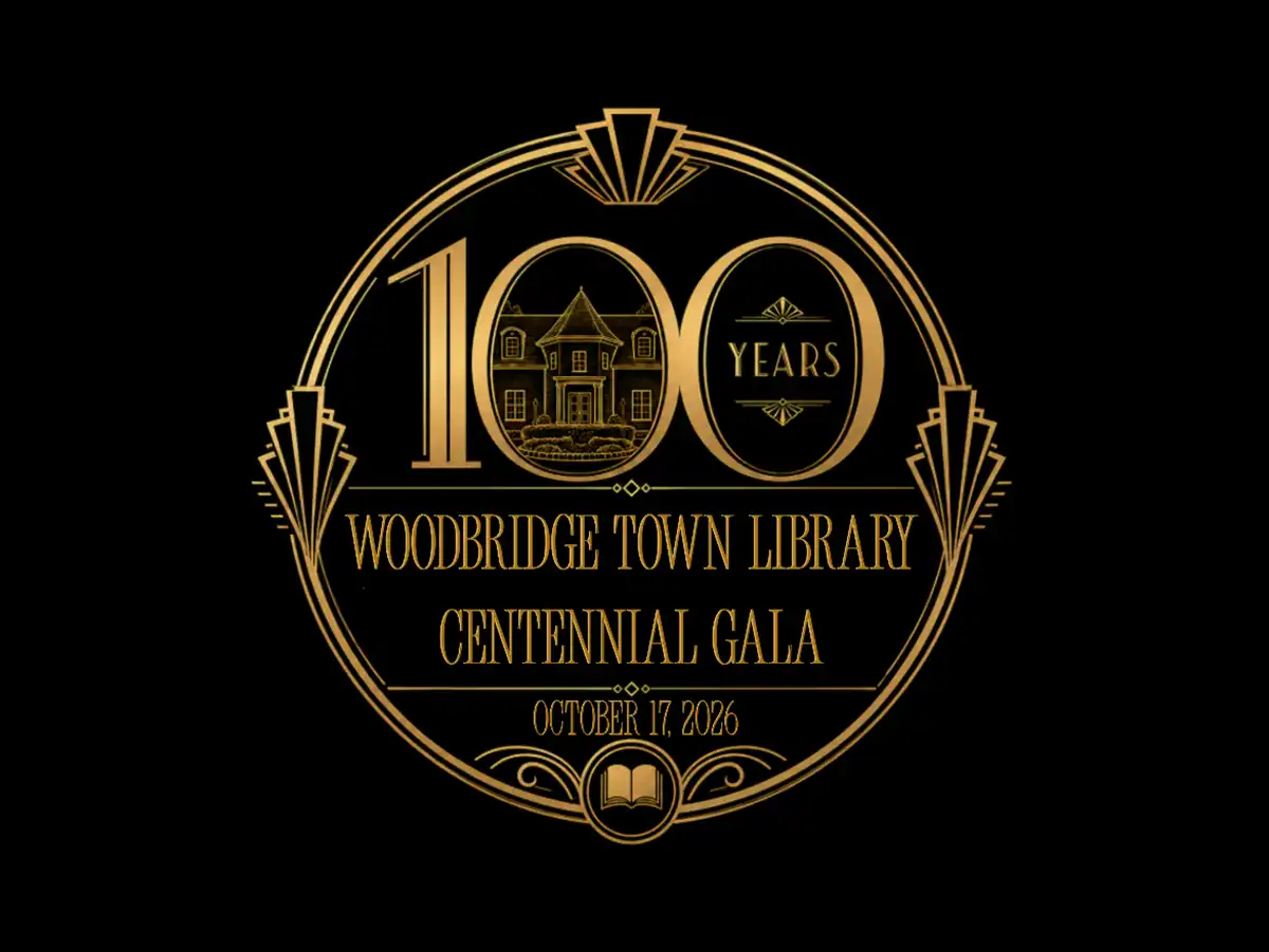 Gold Art Deco emblem for Woodbridge Town Library Centennial Gala, featuring 100 years, a library sketch, and the event date October 17, 2026.