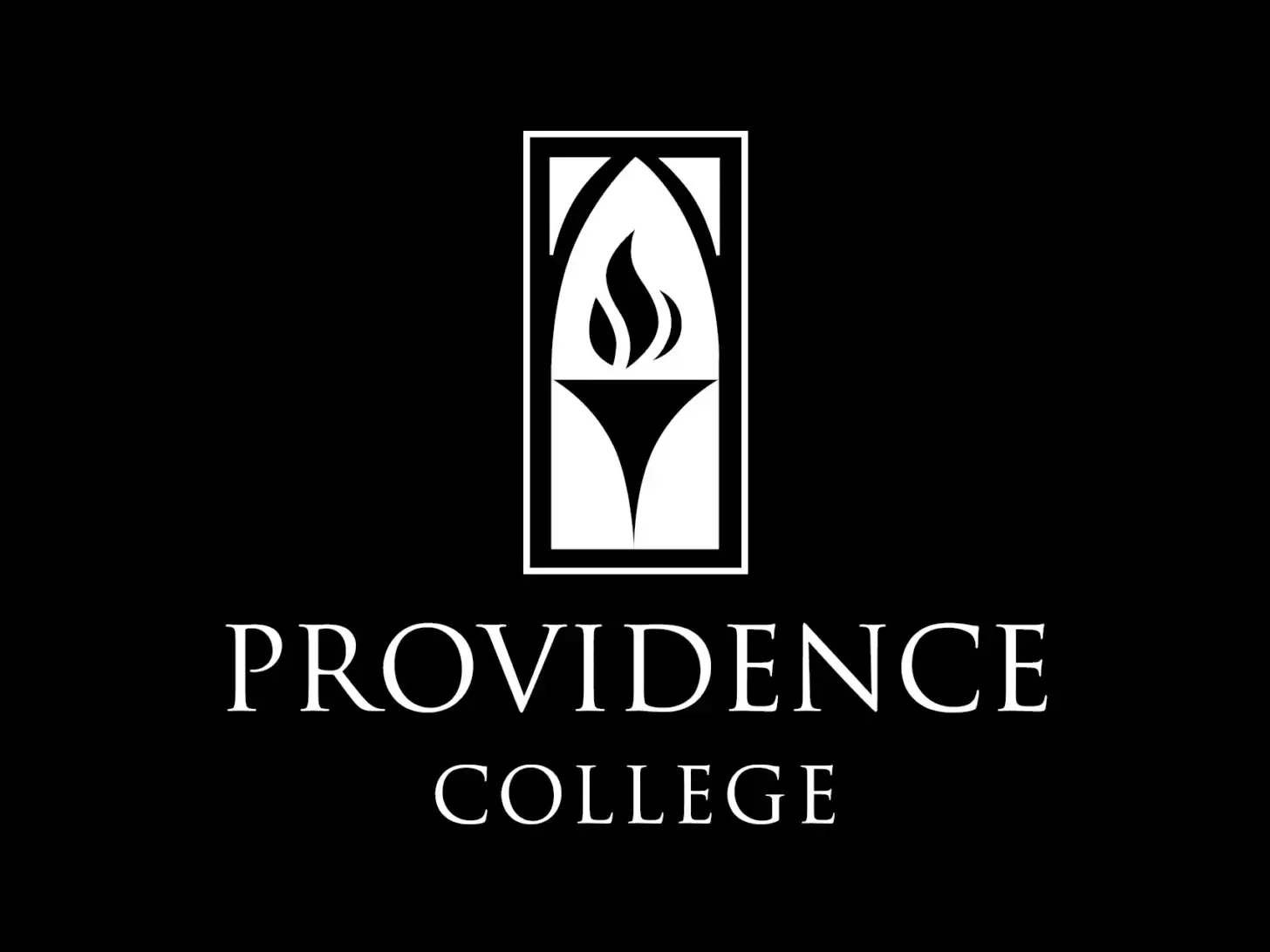 Providence College official emblem featuring a white flaming torch inside an arched frame above serif lettering on a solid black background.