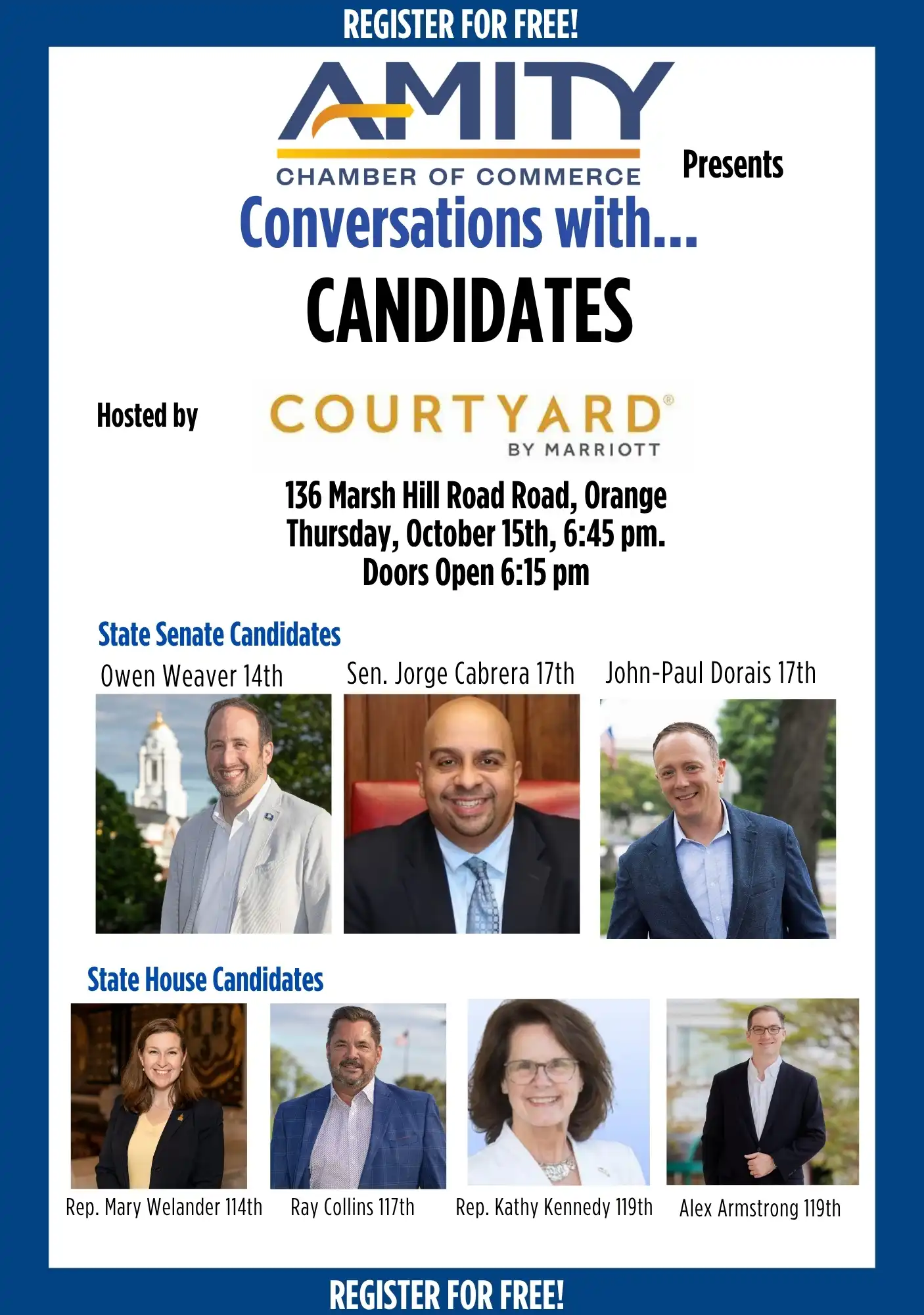 Amity Chamber Conversations with Candidates flyer for Oct 15 in Orange, CT, featuring headshots of participating State Senate and House candidates.