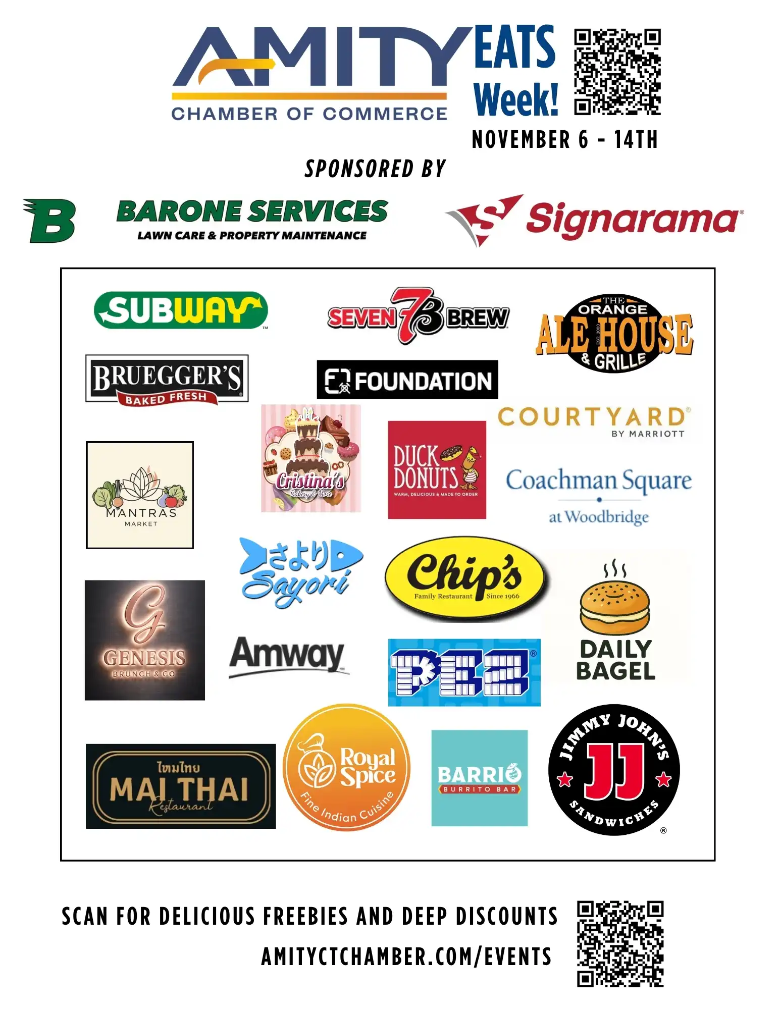 Promotional flyer for Amity EATS Week, November 6–14, displaying event sponsors, QR codes, and logos of 20 participating local dining spots and shops.