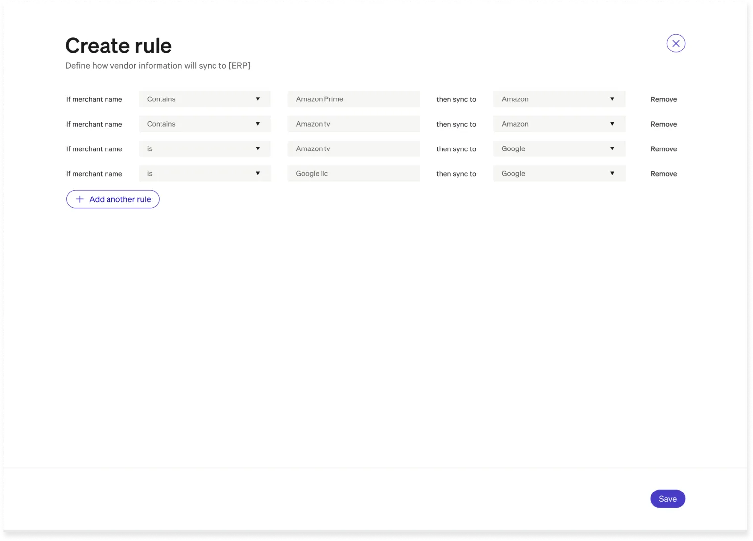 A "Create rule" screen with vendor sync rules and options to add, edit, or remove rules.