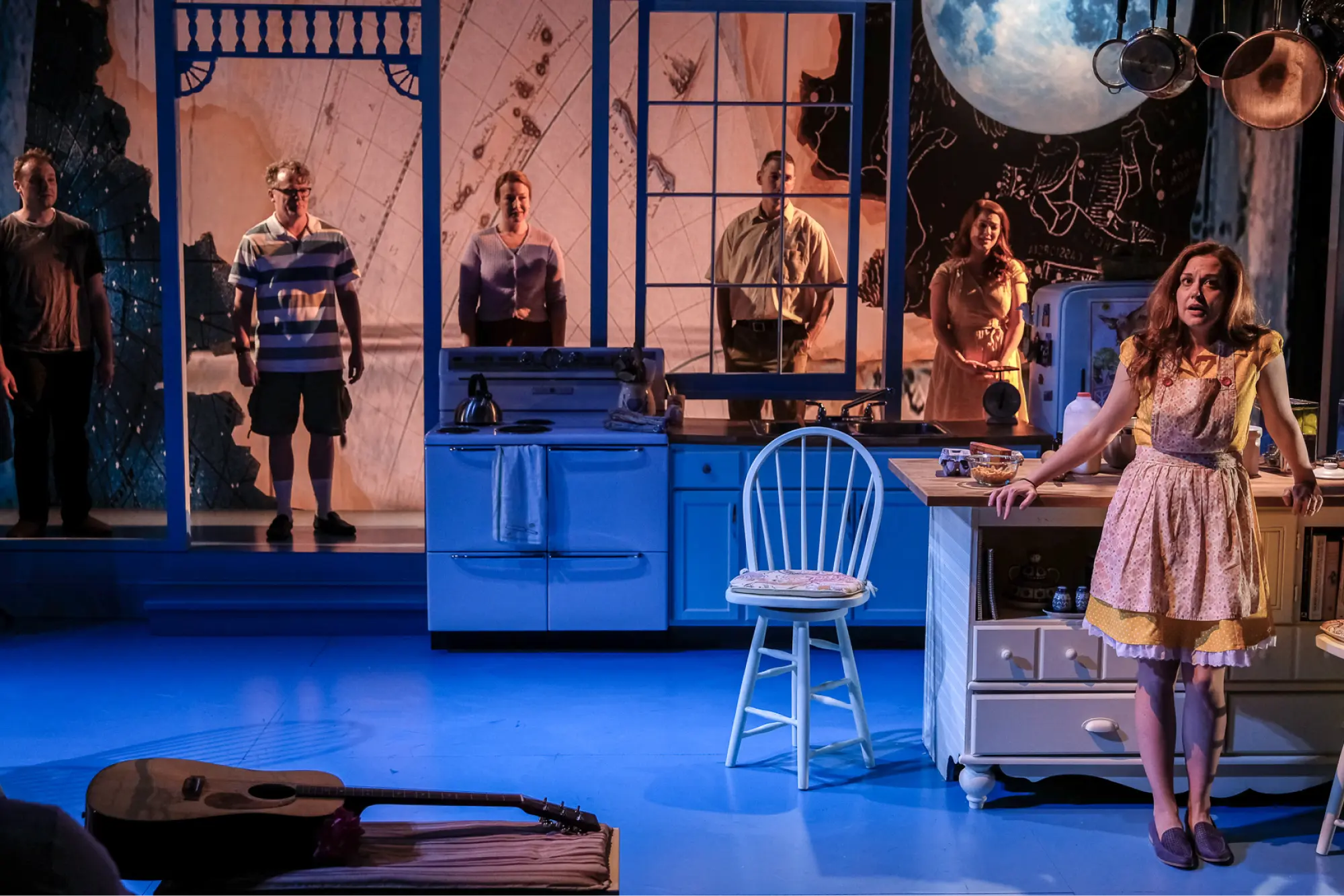 6 actor scene in kitchen setup at the Detroit Public Theatre