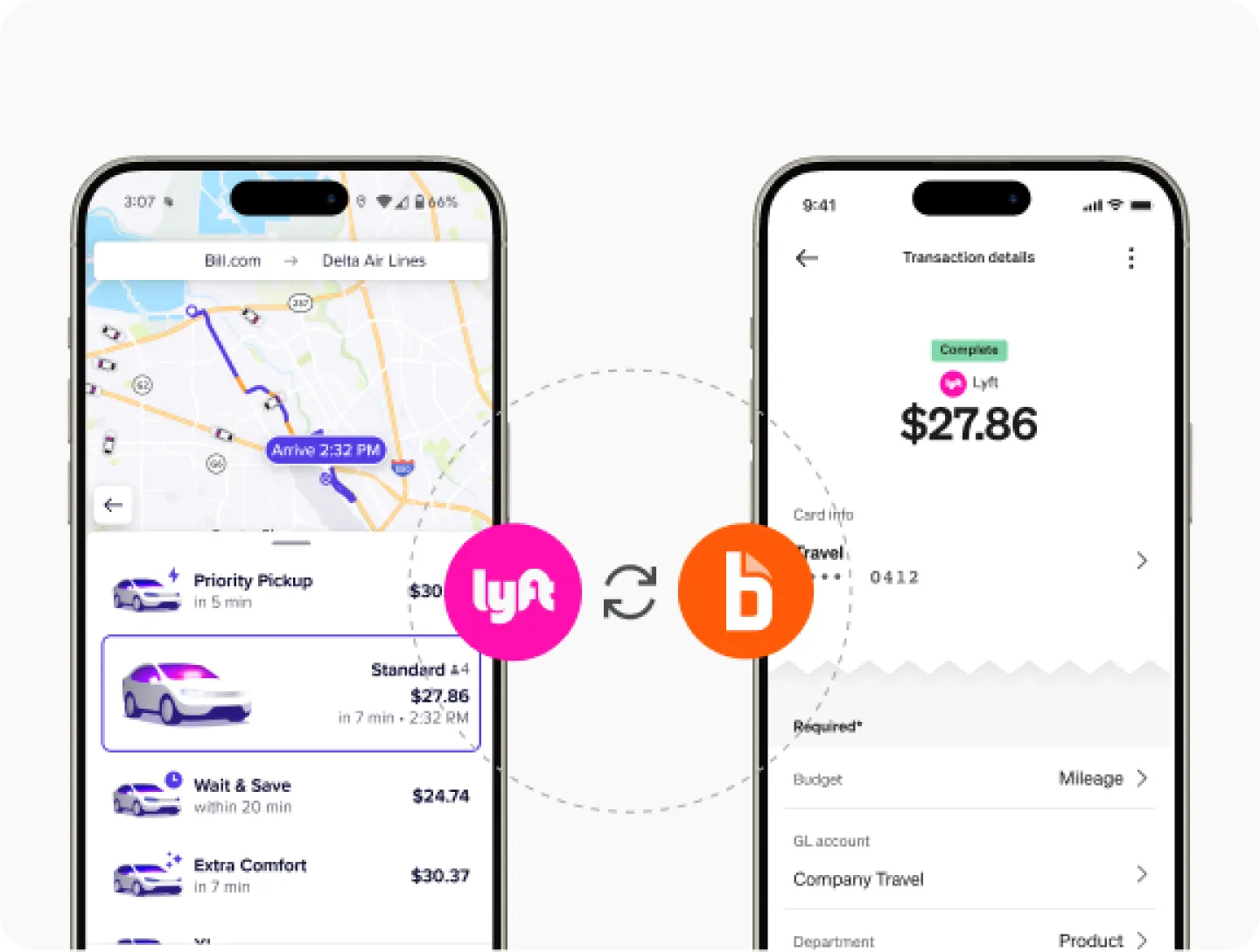 Two smartphone screens show a Lyft ride selection and a $27.86 trip receipt integrating with BILL app..