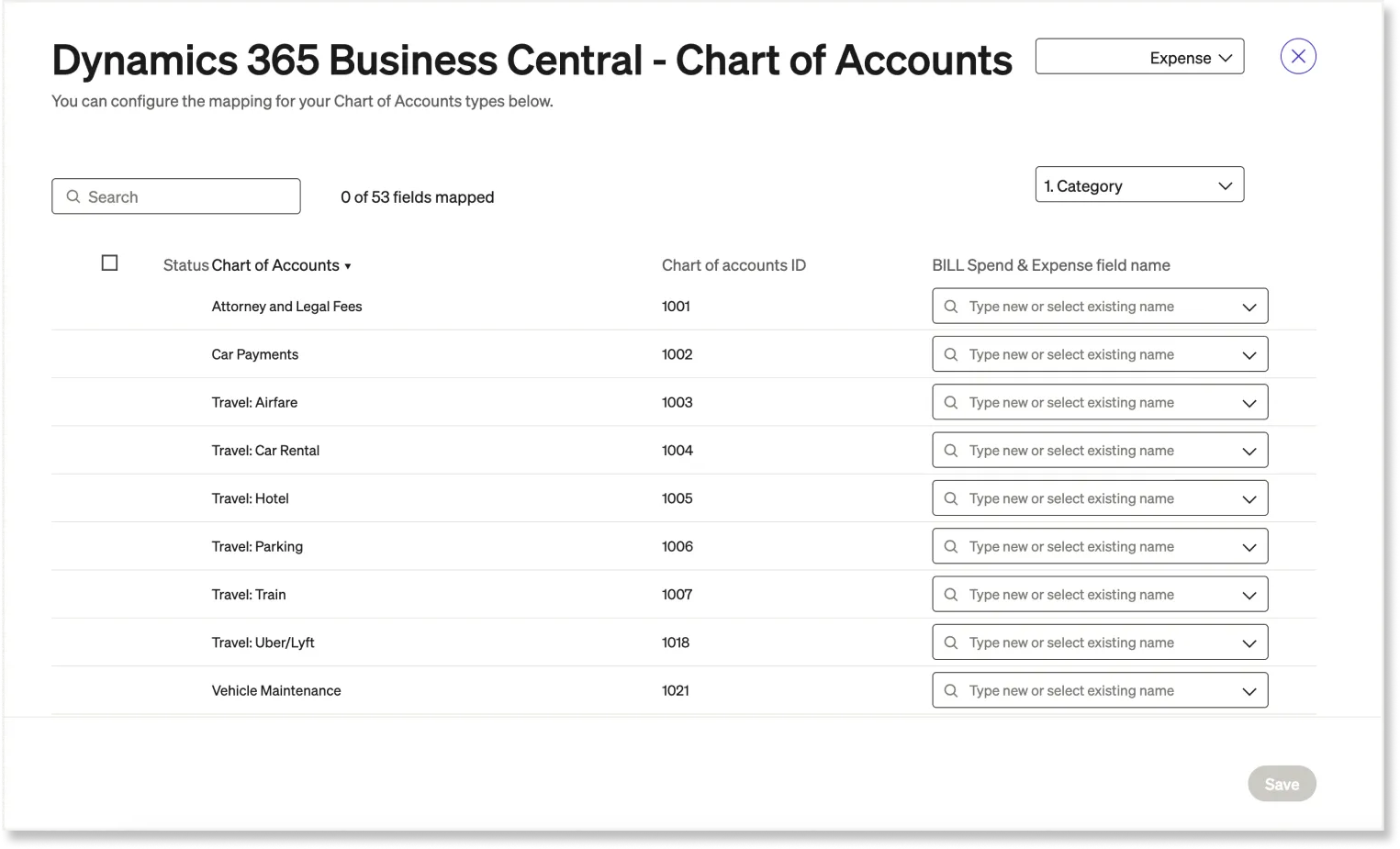 Chart of Accounts mapping table in Dynamics 365 Business Central with editable fields and a Save button.