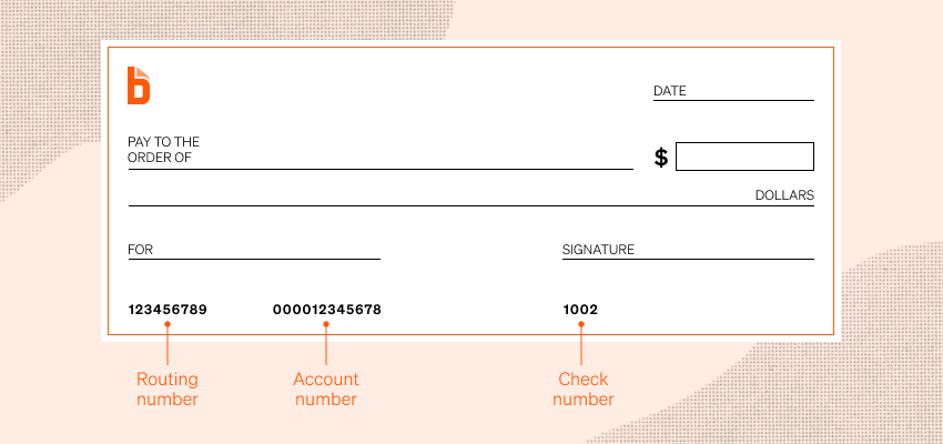 Sample of a check showing where the routing, account, and check numbers are located