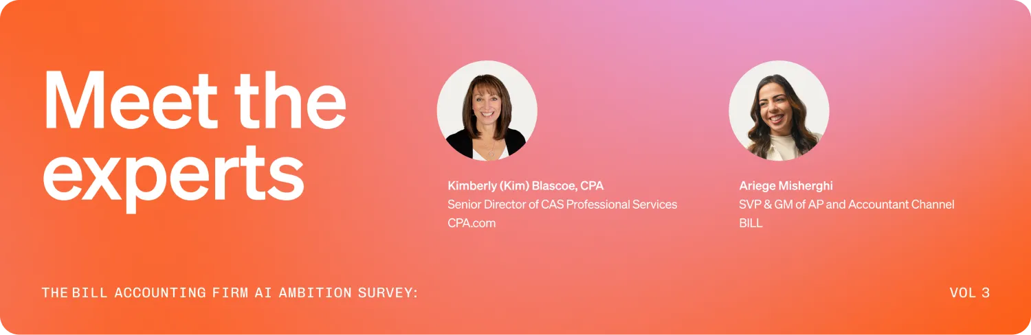 Text "Meet the experts" with headshots for Kimberly Blascoe of CPA.com and Ariege Misherghi with BILL.
