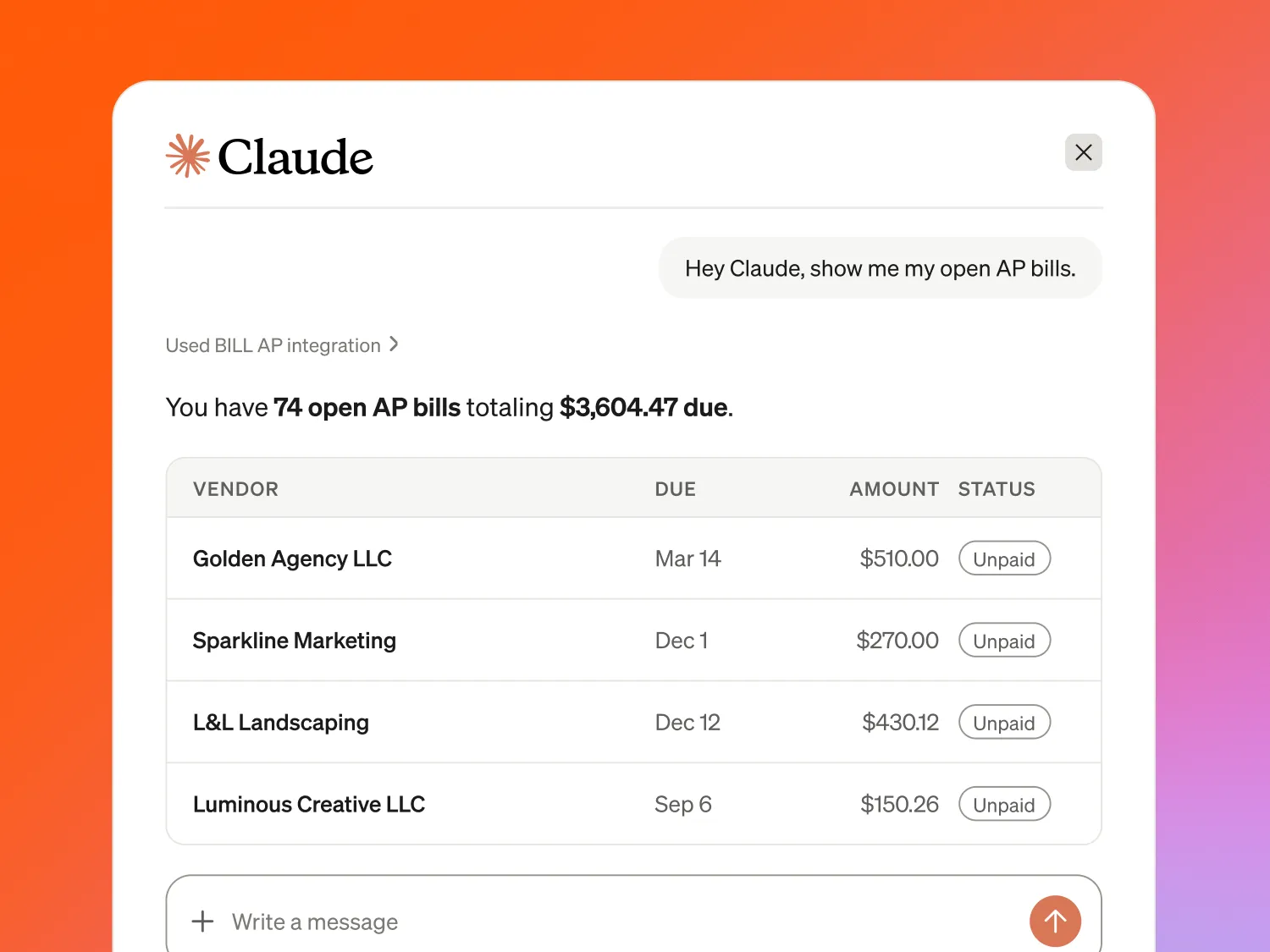 Query Claude about your BILL financial operations