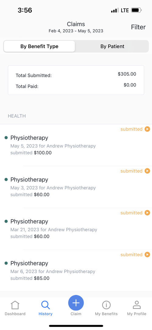 Image showing claim history in mobile app.