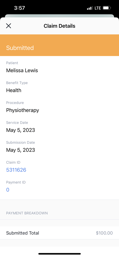 Image showing claim with a status of submitted.