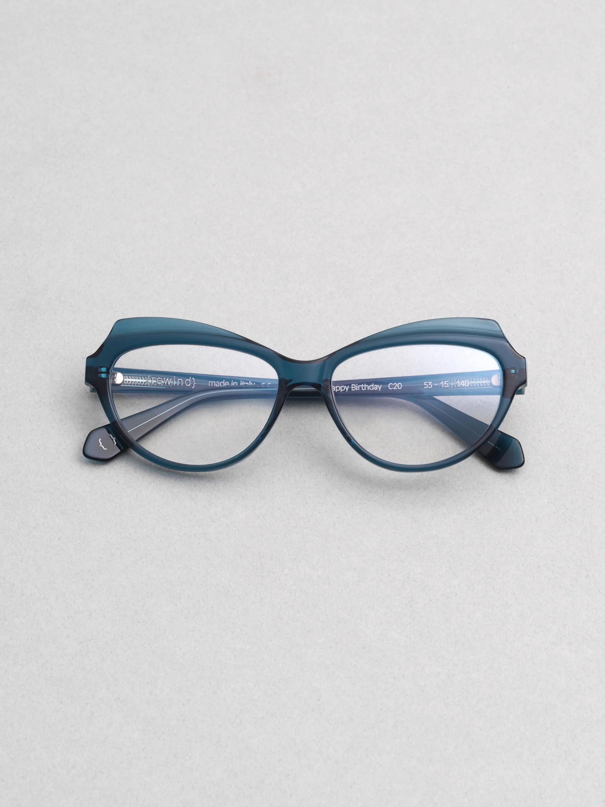 Rewind Eyewear Happy Birthday, cat-eye frame inspired by 1990s Italian design, still life photography