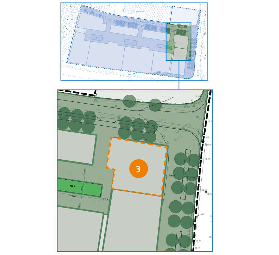 Zeichnung des Plans mit Baufeld 3 markiert