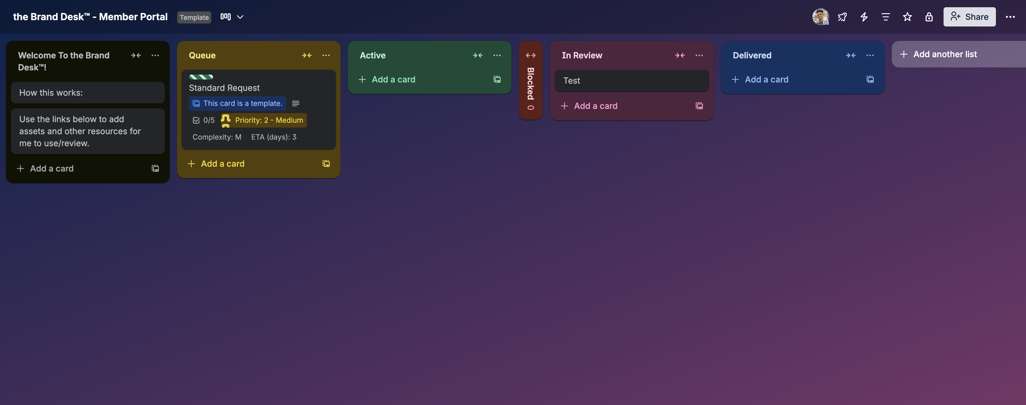 Project management board titled 'the Brand Desk™ - Member Portal' featuring lists: Welcome with instructions, Queue with a standard request card marked Priority 2 - Medium, Active, Blocked with 0 items, In Review with one card labeled 'Test', and Delivered, plus an option to add another list.