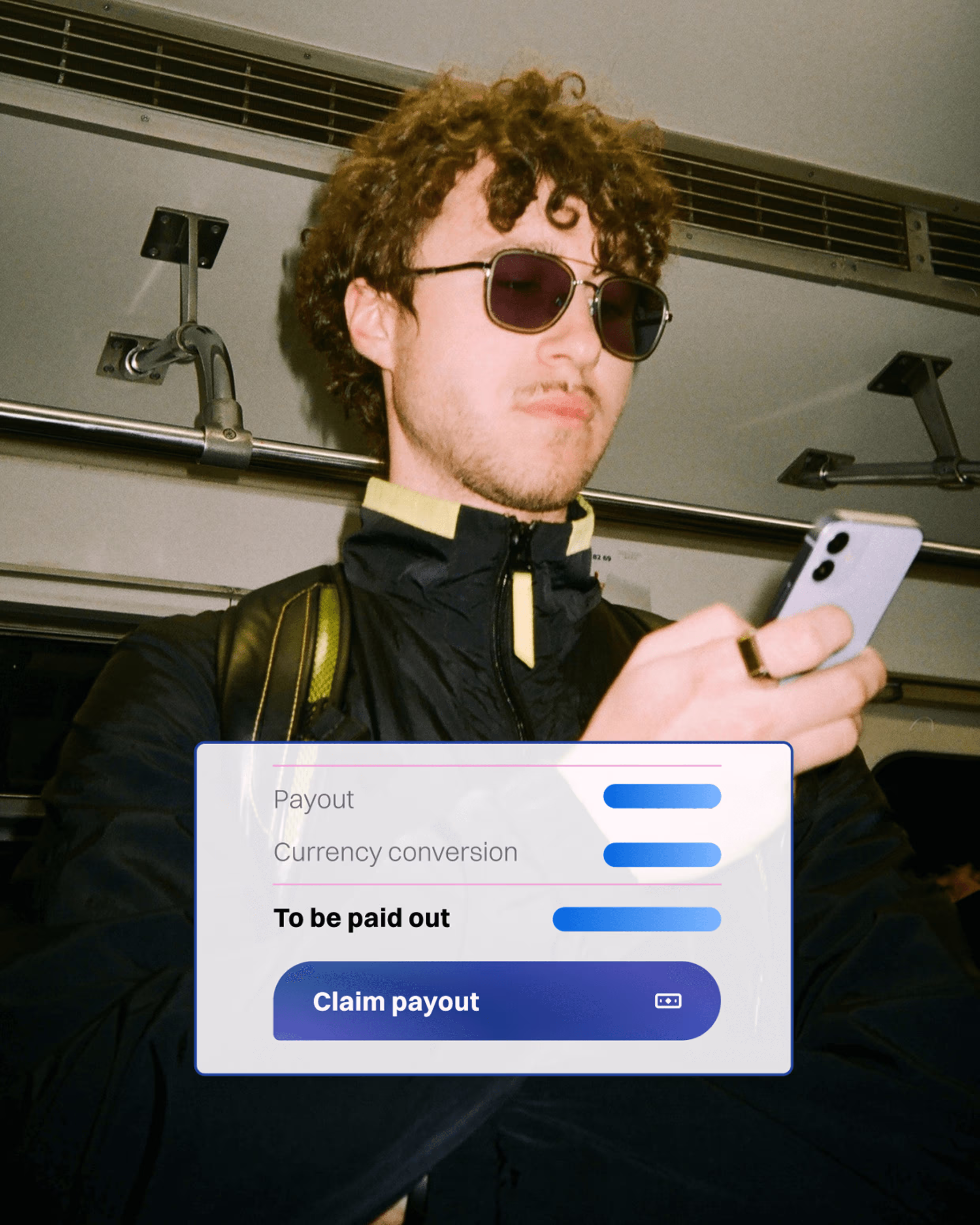 Young man with curly hair and sunglasses standing inside a metro train, holding a smartphone, with an overlaid digital payout claim interface.
