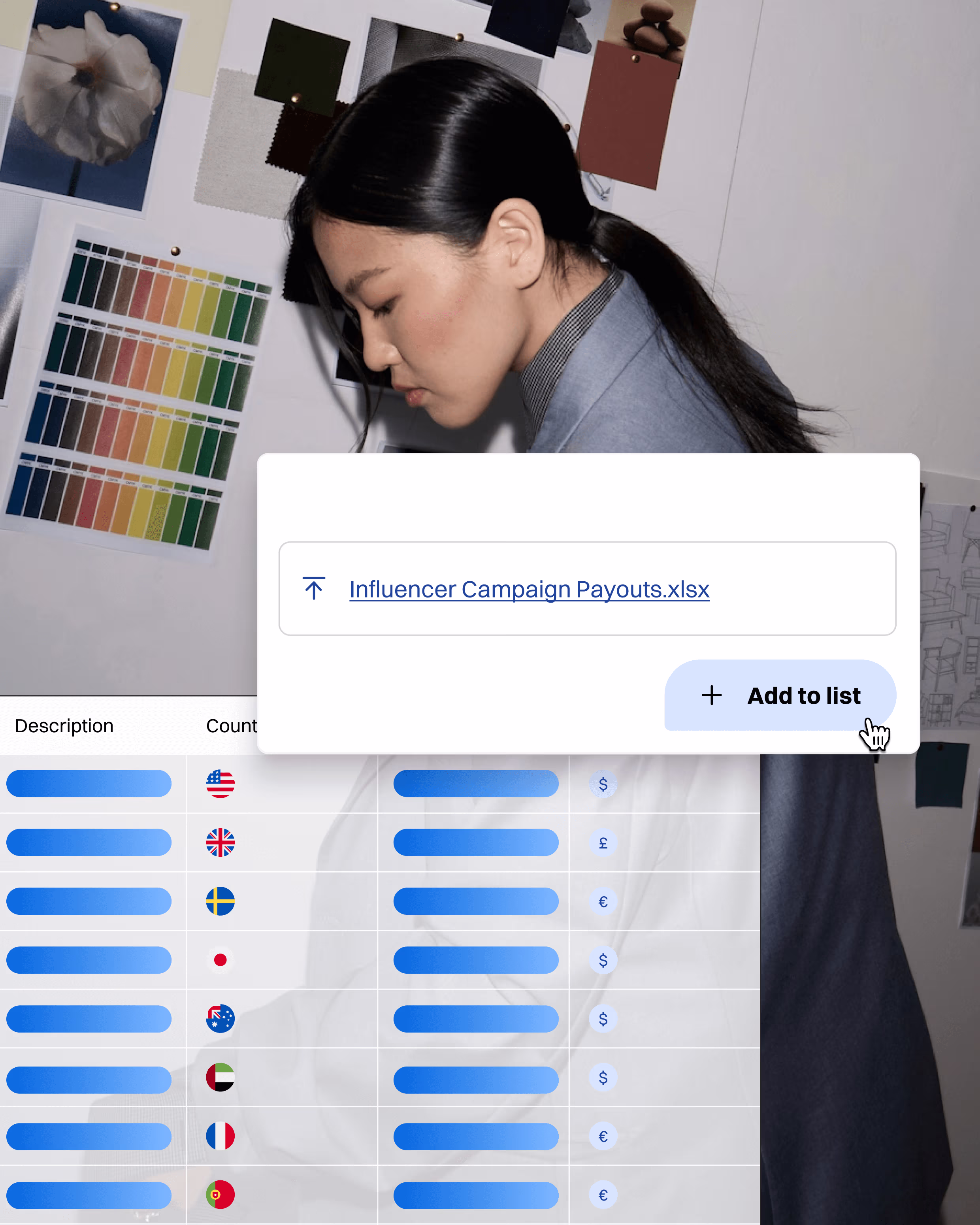 Profile of a woman with black hair in a ponytail working at a desk with a color palette and notes on the wall, overlayed with a digital interface showing an 'Influencer Campaign Payouts.xlsx' file and an 'Add to list' button.