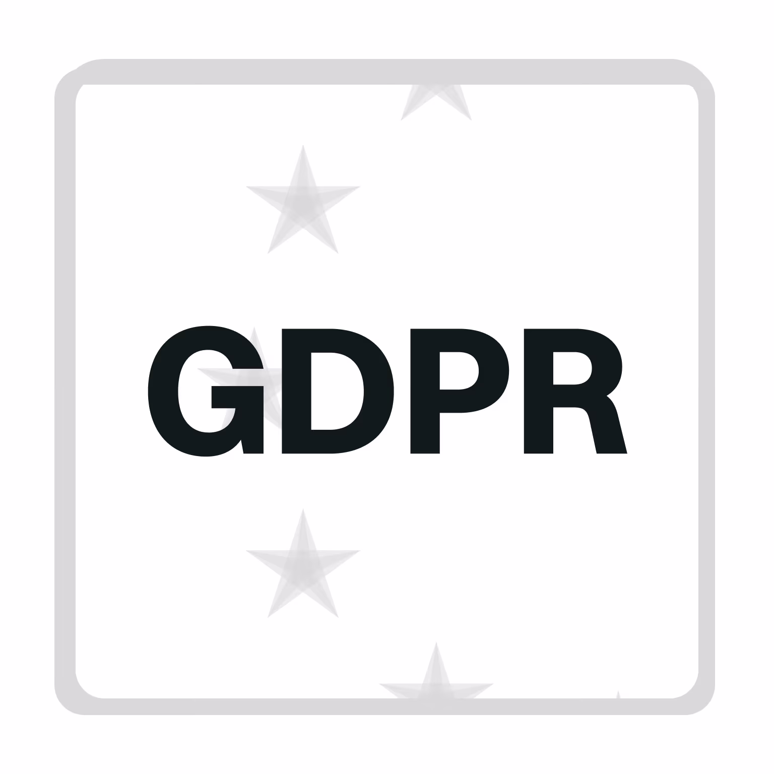 Bold black letters GDPR centered on a white square with faint gray stars in the background.