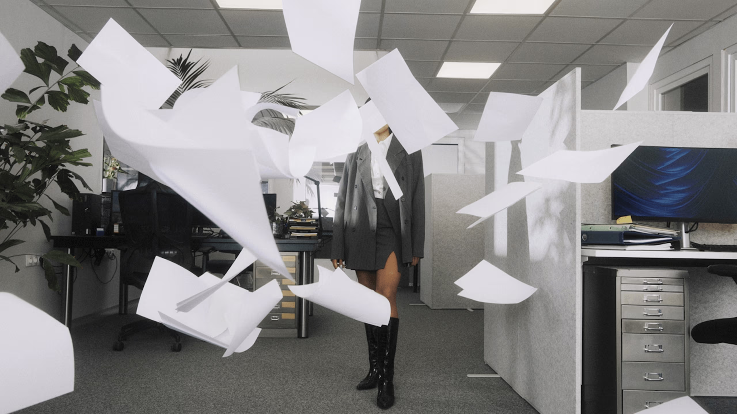 Person in business attire walking through an office with papers flying around them.