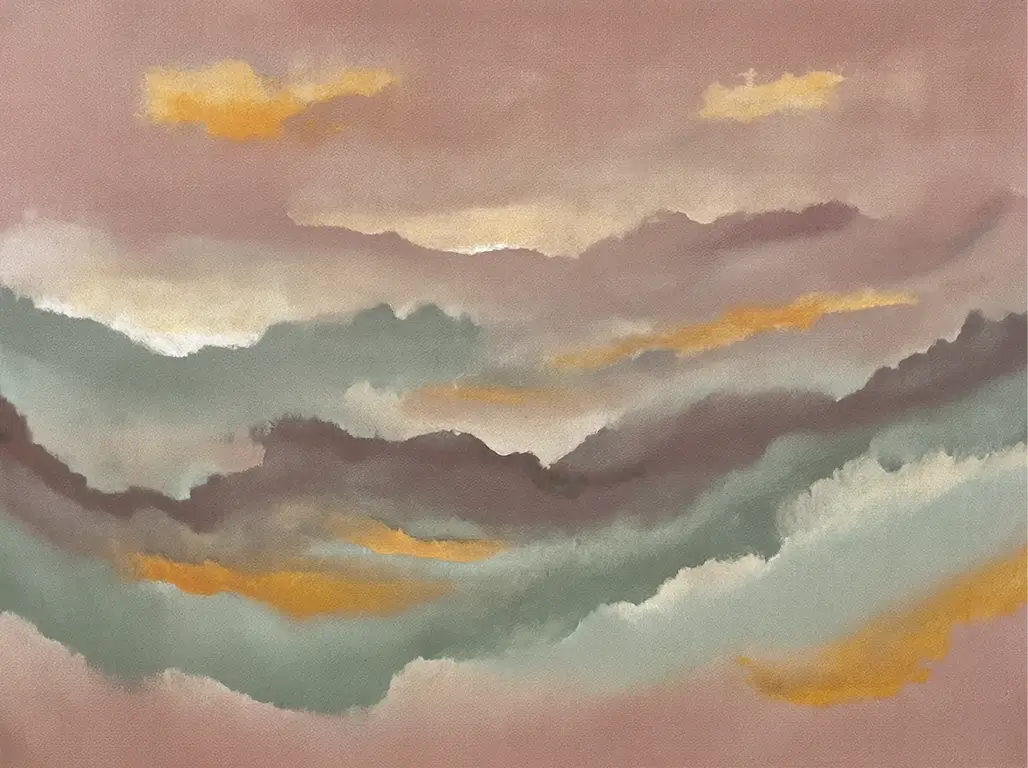 Abstract painting of layered clouds in soft shades of grey, lavender, and orange.