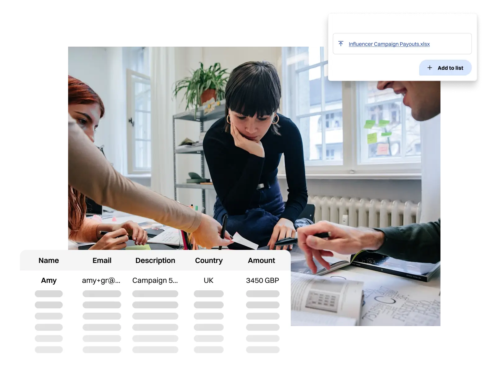 Three people collaborating over documents and a laptop in a bright office with a spreadsheet showing influencer campaign payouts including name, email, country, and amount.