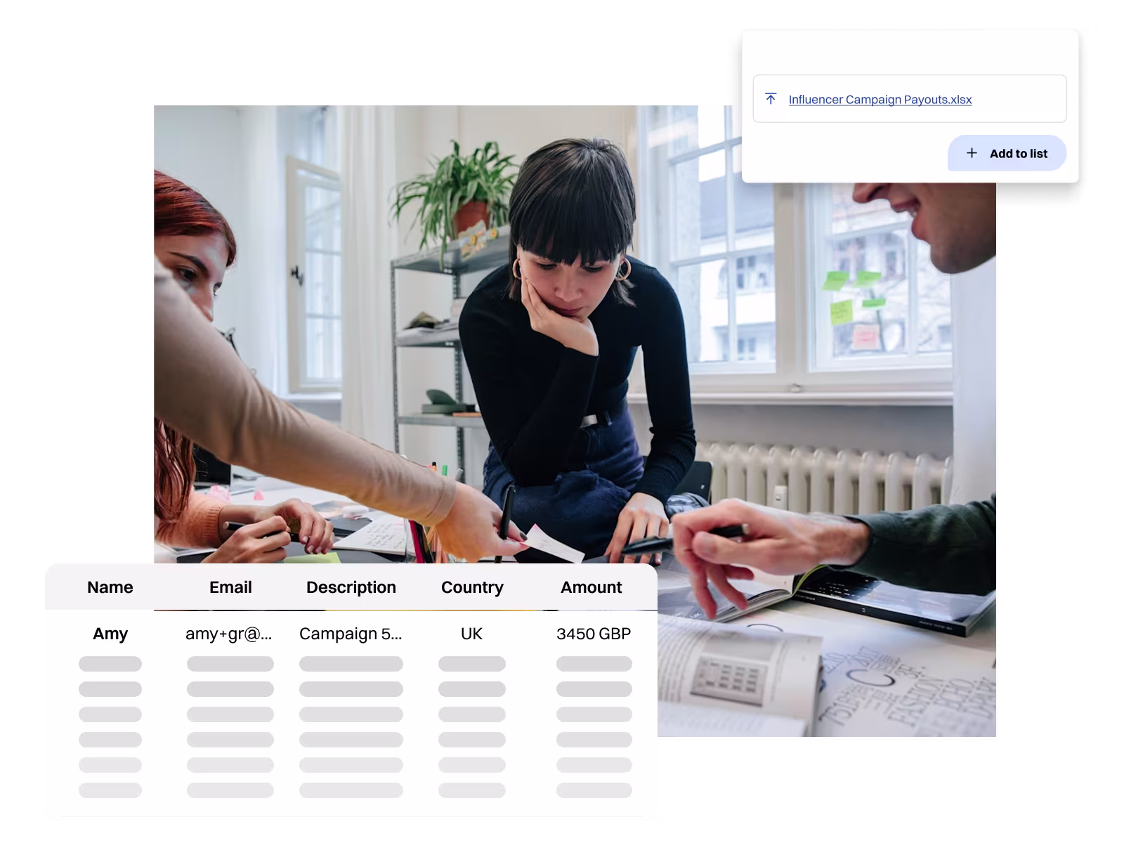 Three people collaborating over documents and a laptop in a bright office with a spreadsheet showing influencer campaign payouts including name, email, country, and amount.