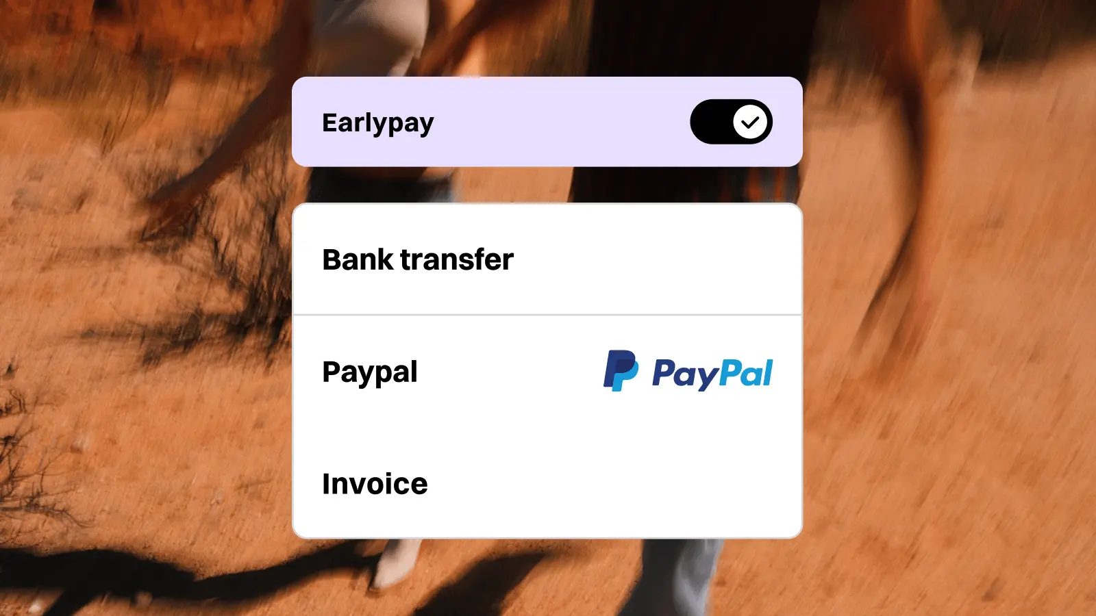 Payment options menu showing Earlypay enabled, and other options listed as Bank transfer, PayPal with logo, and Invoice.