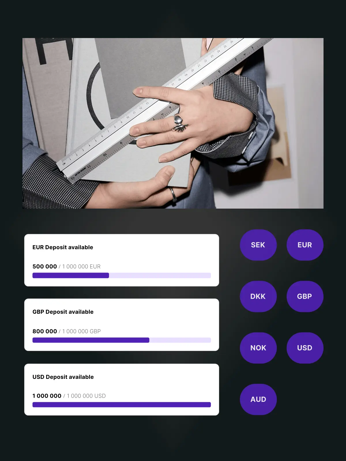 Hands holding books and a ruler above a screen showing deposit availability bars for EUR, GBP, and USD with currency selection buttons.