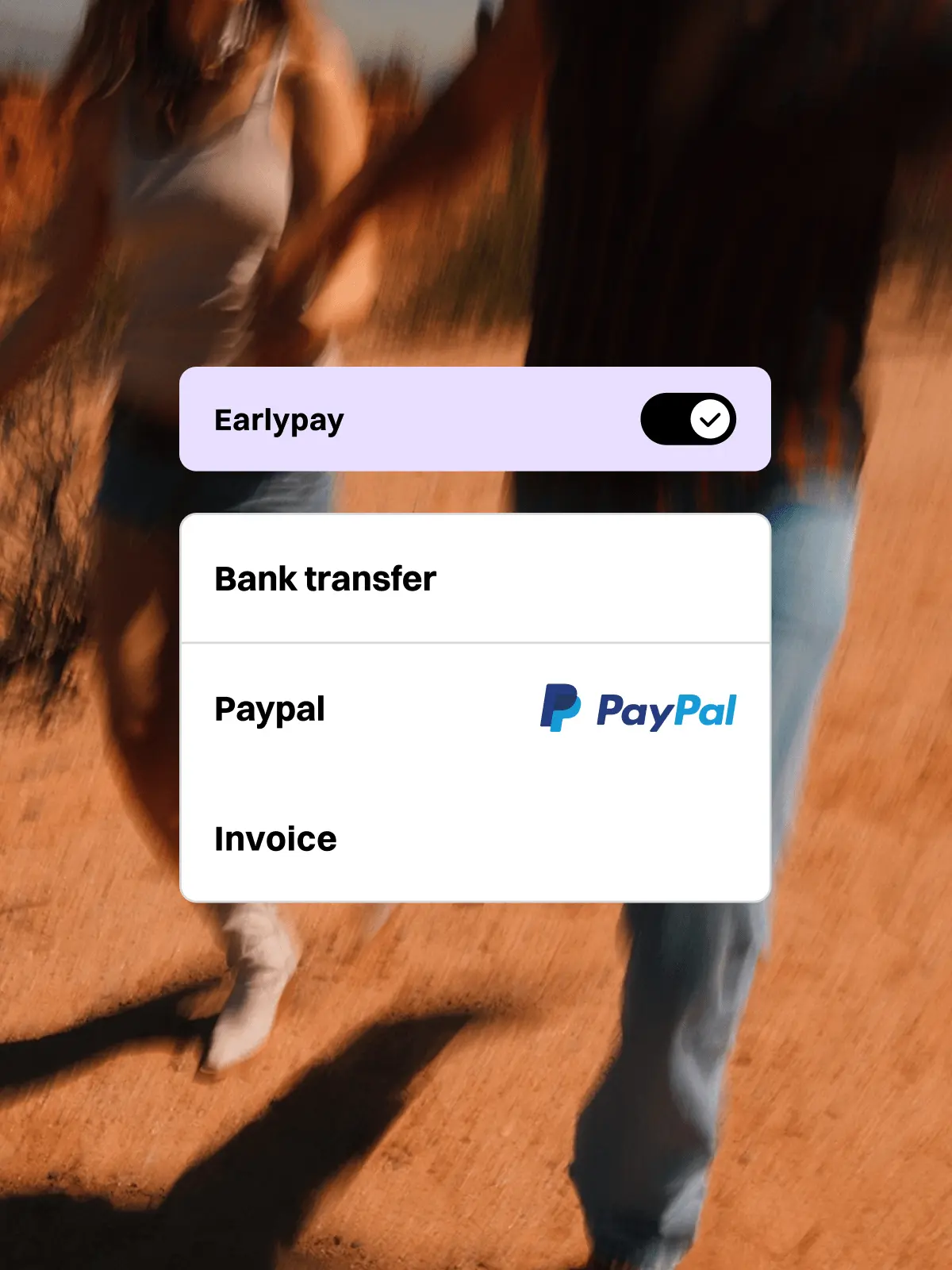 Blurred image of a couple holding hands with a payment options overlay showing Earlypay selected, Bank transfer, Paypal with PayPal logo, and Invoice.