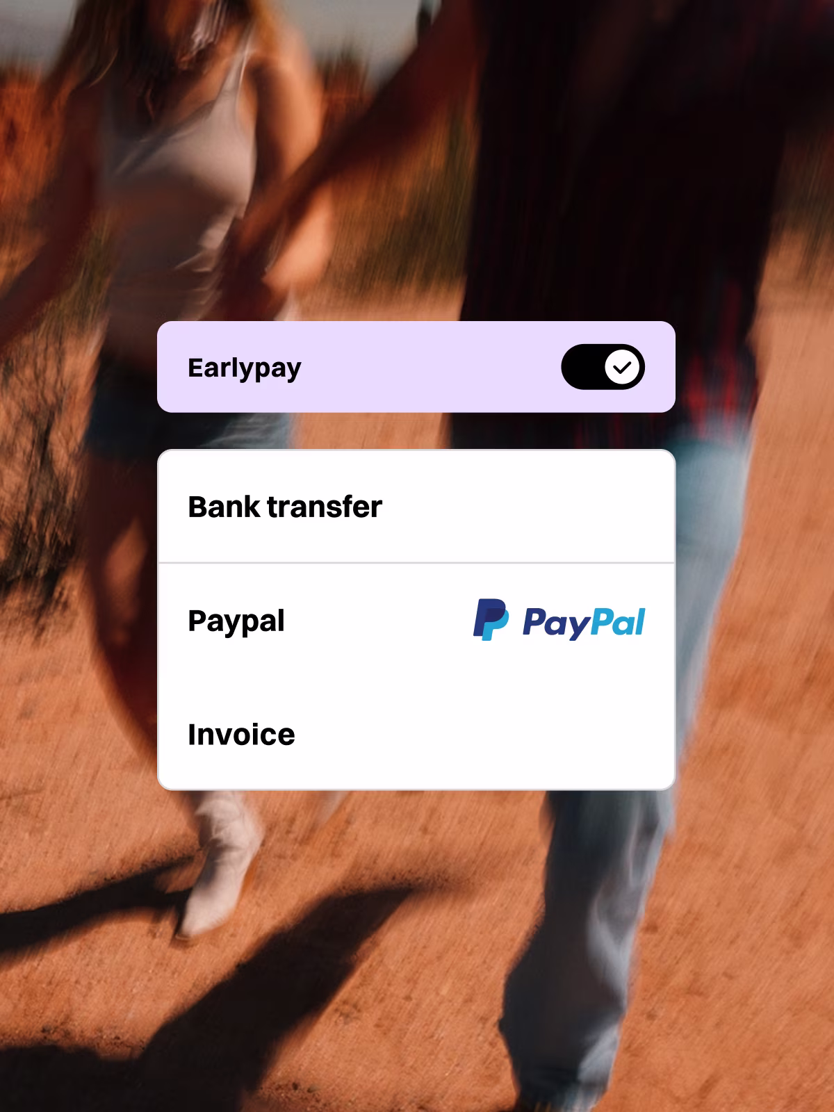 Blurred image of a couple holding hands with a payment options overlay showing Earlypay selected, Bank transfer, Paypal with PayPal logo, and Invoice.