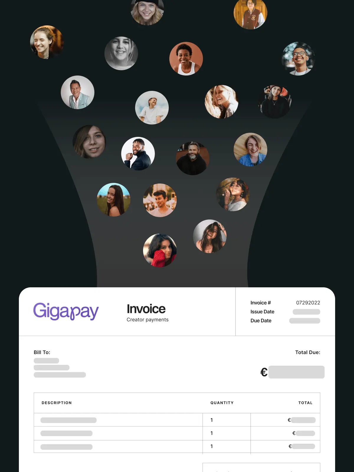 Gigapay invoice template with creator payment details, invoice number, dates, billing information, item descriptions, quantities, and totals, with floating circular portraits above.