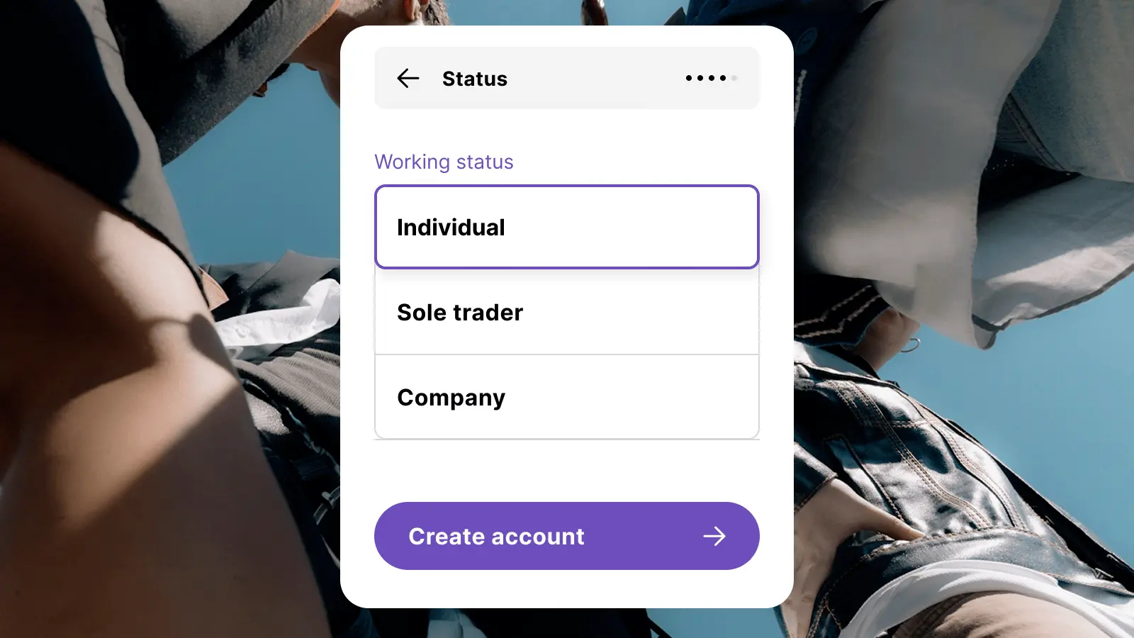 Mobile screen showing a status selection menu for working status with options Individual, Sole trader, and Company, and a button labeled Create account.
