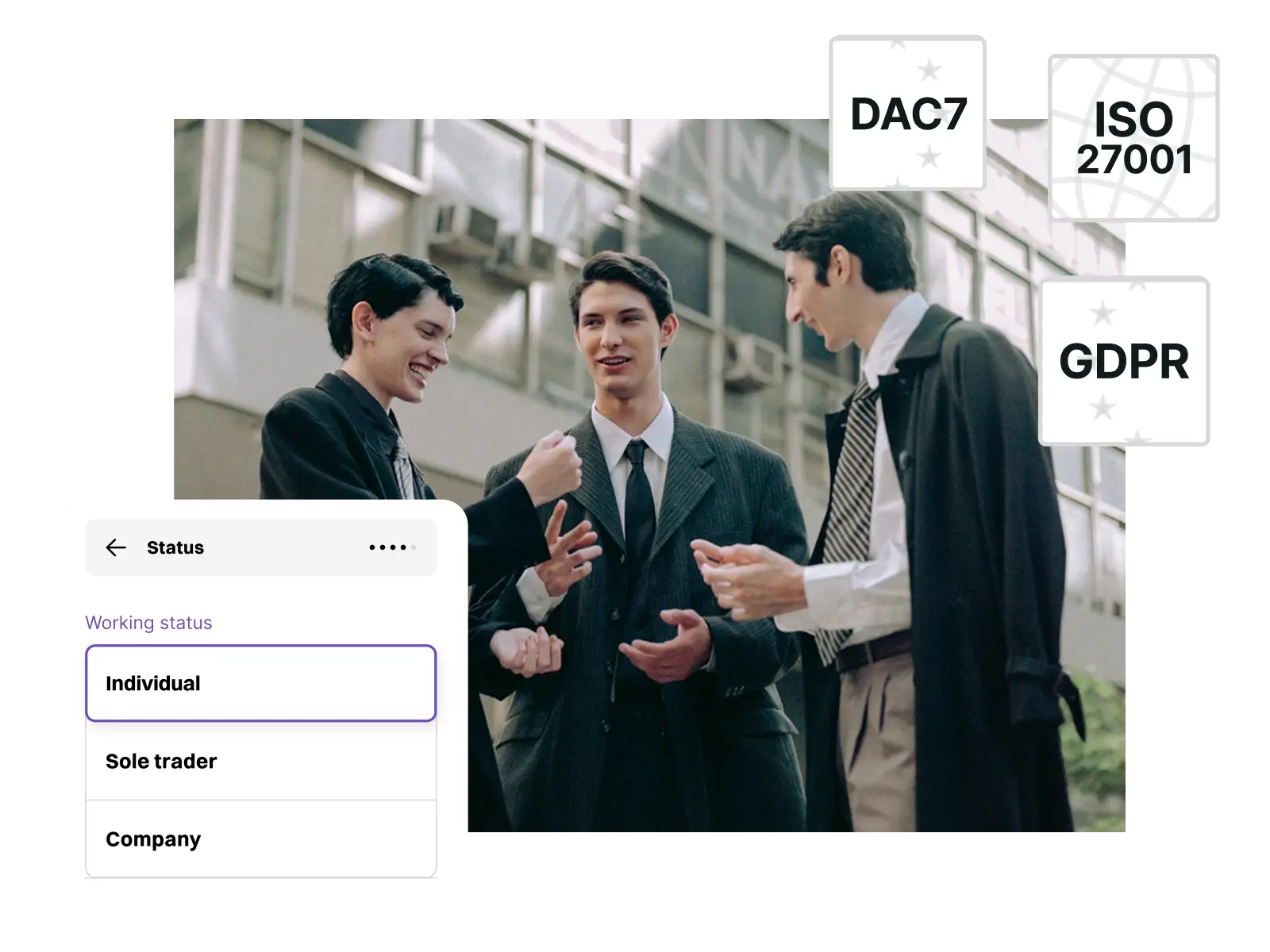 Three young businessmen in suits and ties smiling and talking outdoors near a glass building with compliance terms DAC7, ISO 27001, and GDPR displayed.