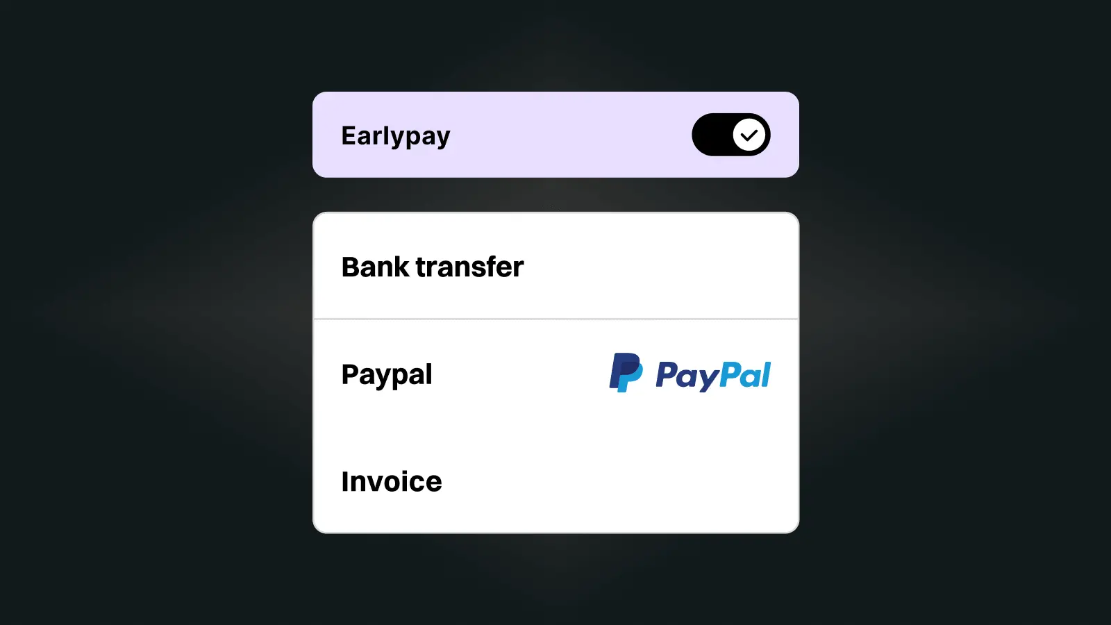 Payment options panel showing Earlypay enabled, with choices including Bank transfer, Paypal with logo, and Invoice.