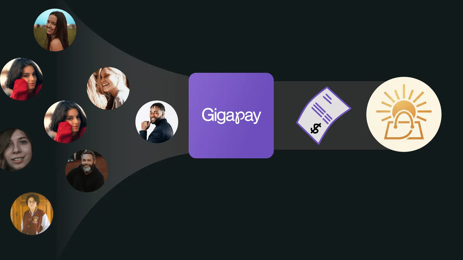 Illustration of diverse people connecting to Gigapay platform leading to payment and a glowing shopping bag icon.