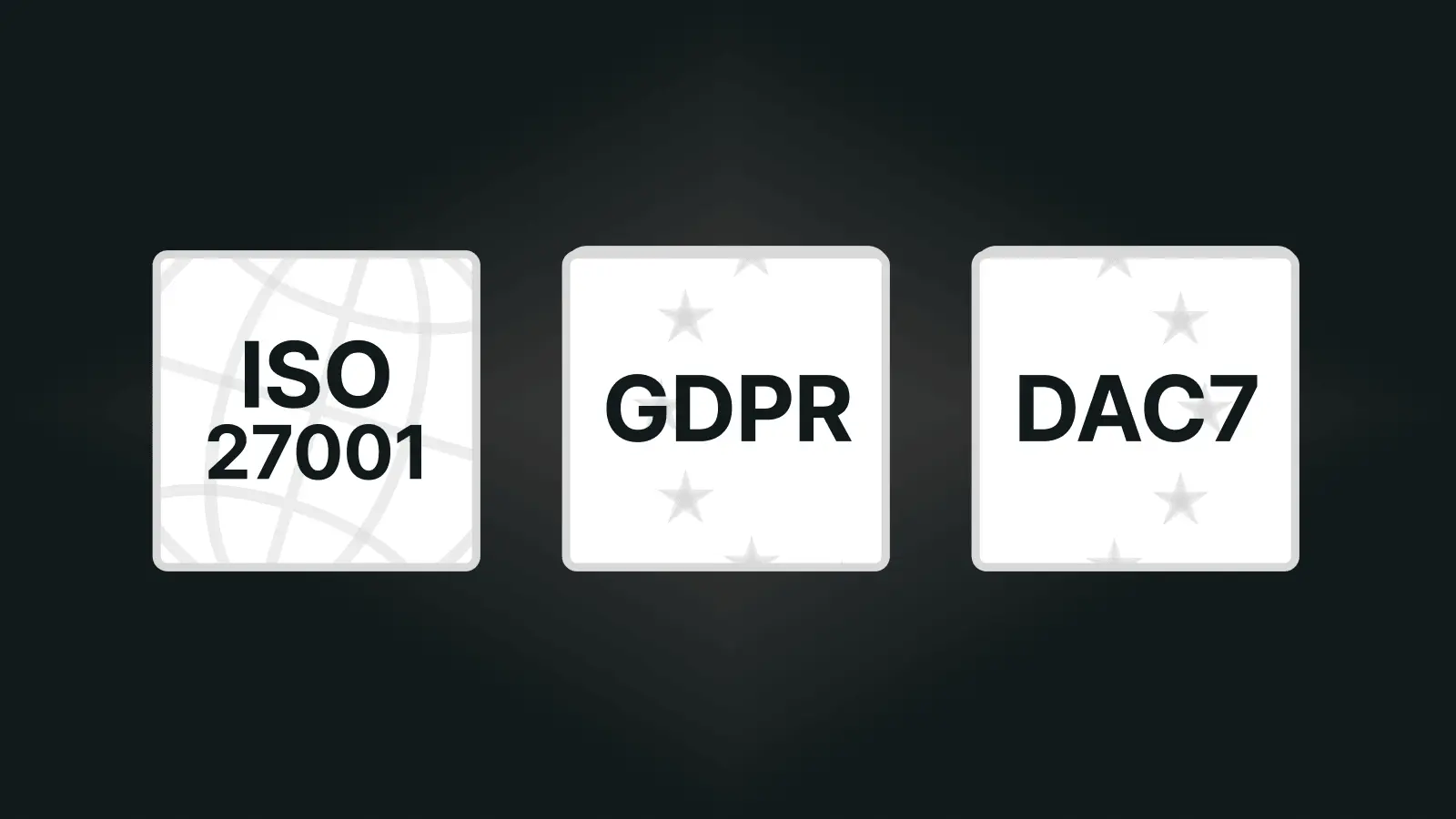 Three white squares with black text showing compliance standards: ISO 27001, GDPR, and DAC7.