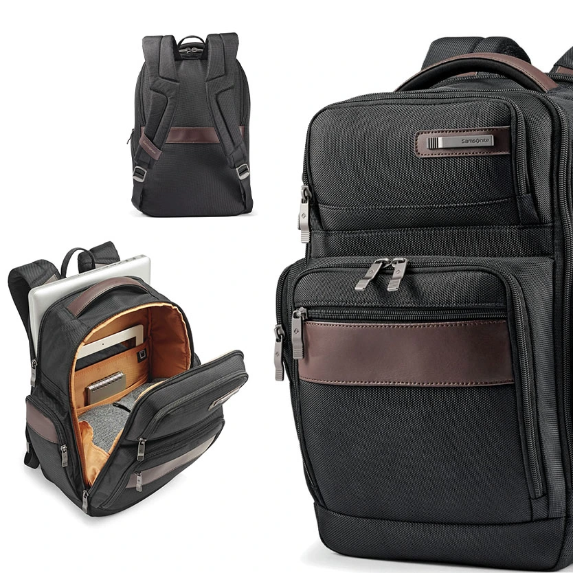 Backpack image front view and main compartment opened to show organization