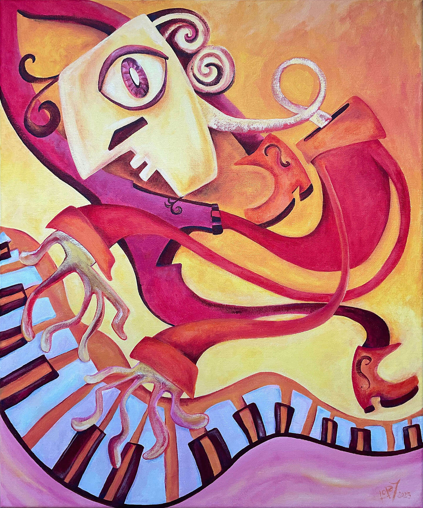 Wiggly piano player with sunset colours