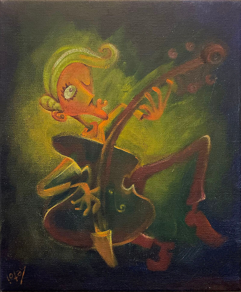 Bass player with one eye wide open and the other one closed