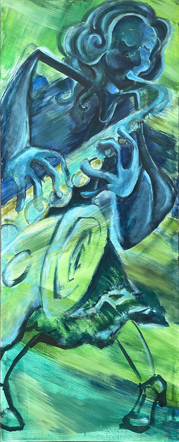 Female saxophone player with energetic lines in the background