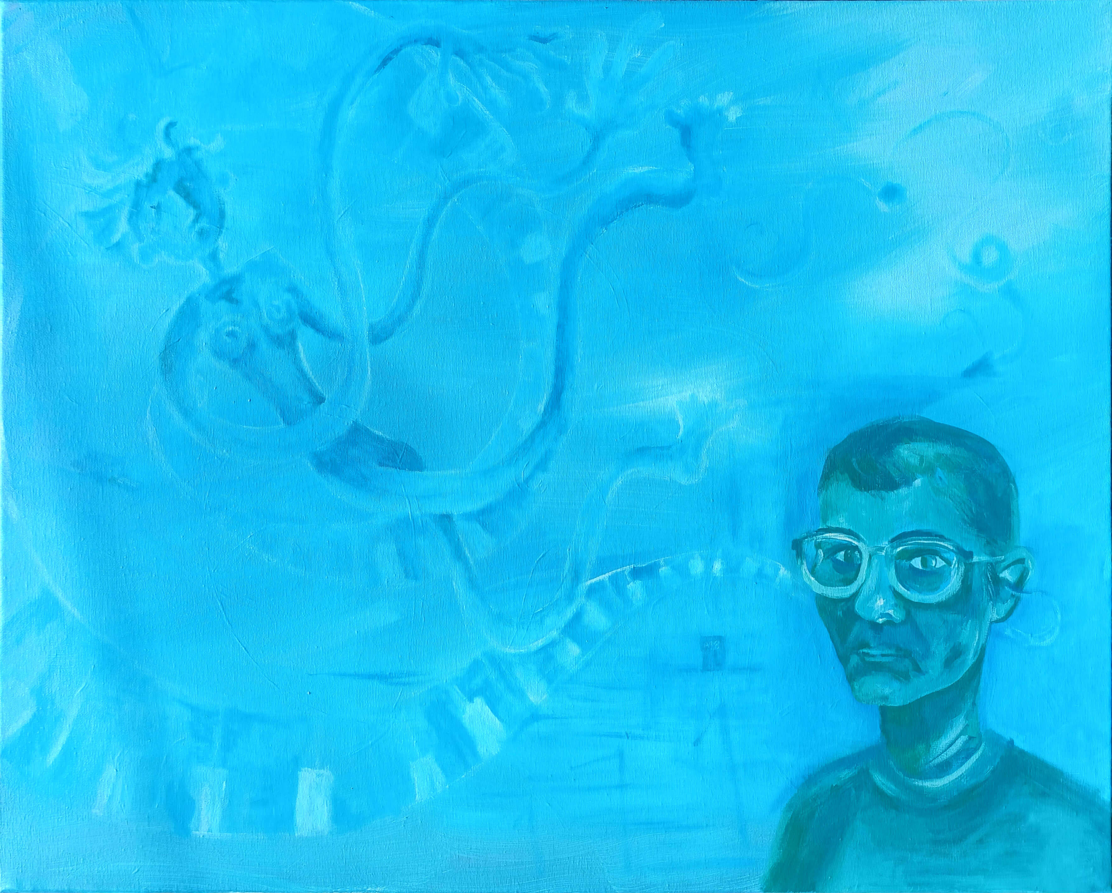 Surrealist painting in blue tones. Portrait in the foreground with a piano coming out of the ear swirling around a stretched and unconscious human figure