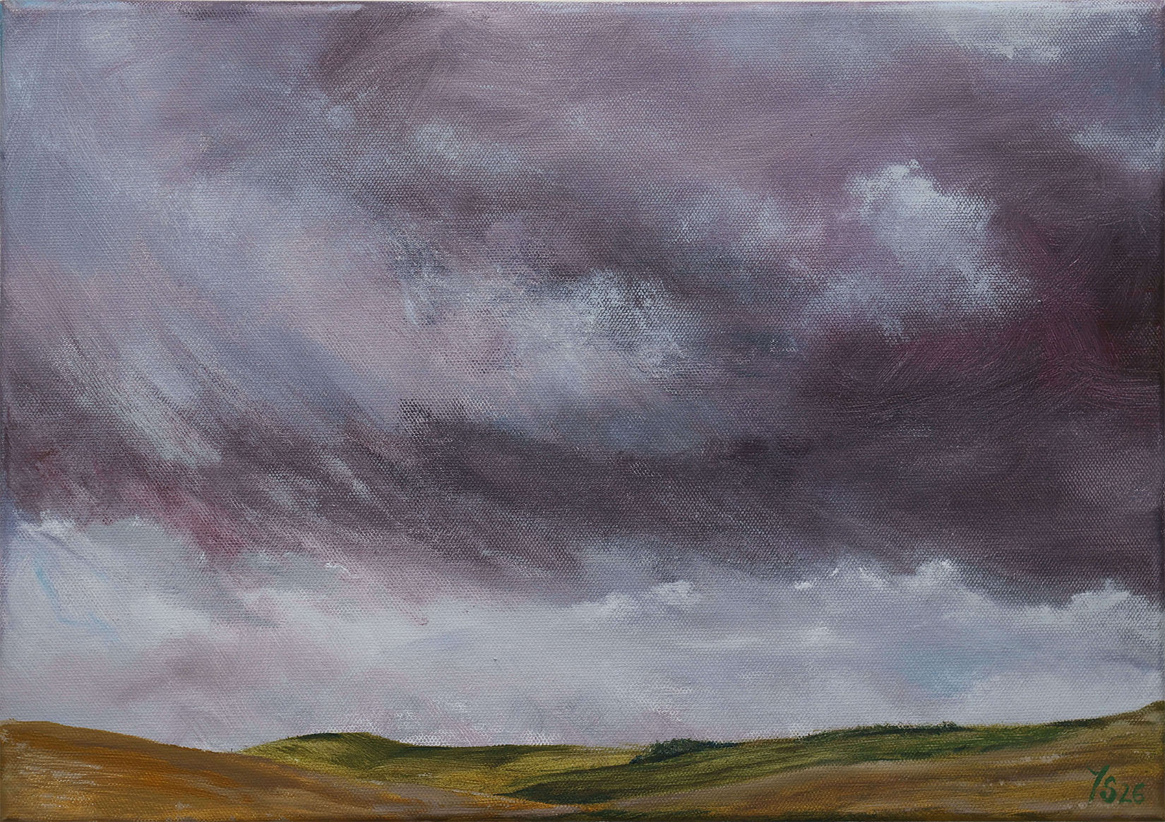 A Yorkshire Dales landscape with a energetic sky with purple tonalities and fast pacing swirling clouds 