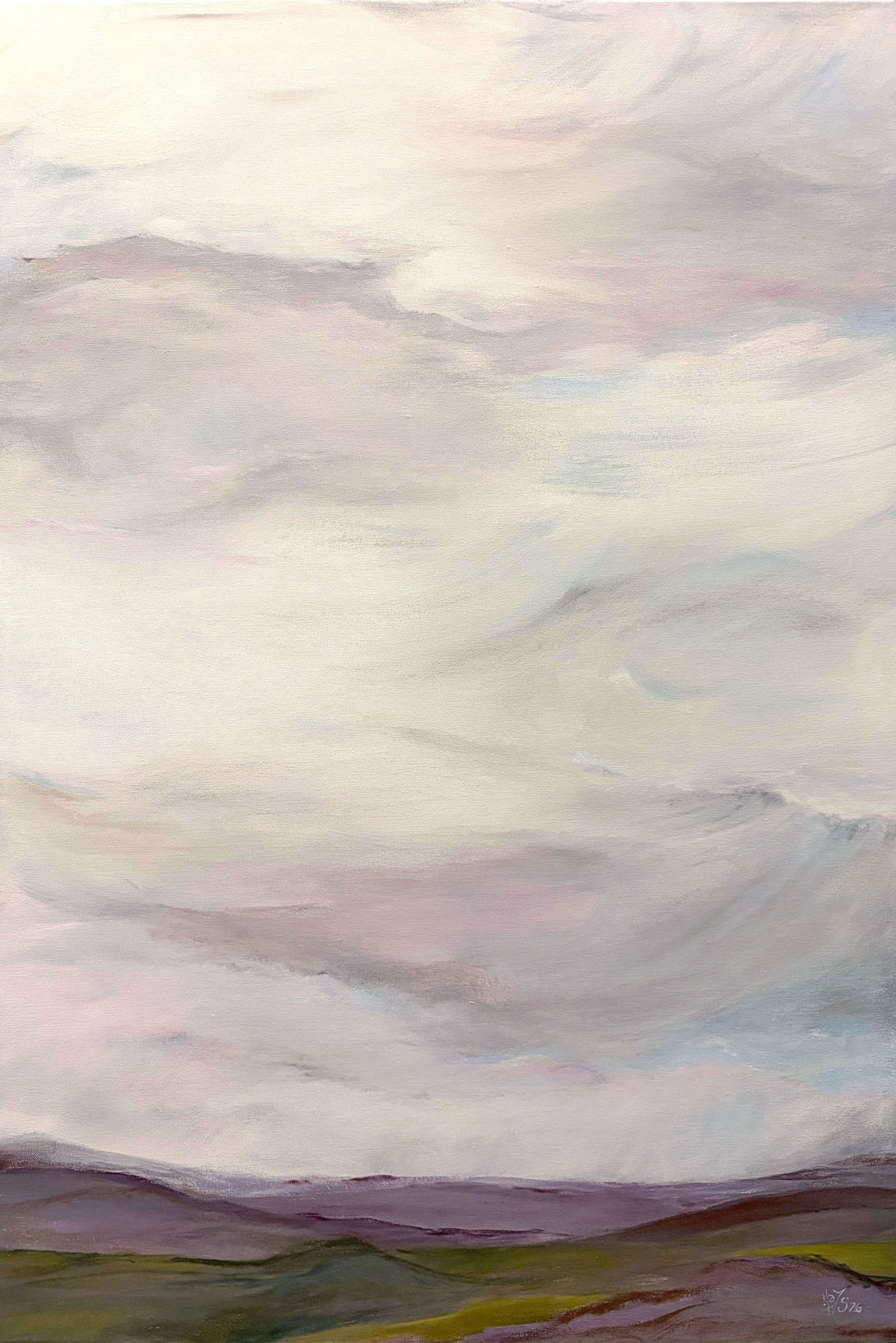 A Yorkshire Dales landscape with a sky covered in calm and flowing clouds in warm tonalities of light blues and reds