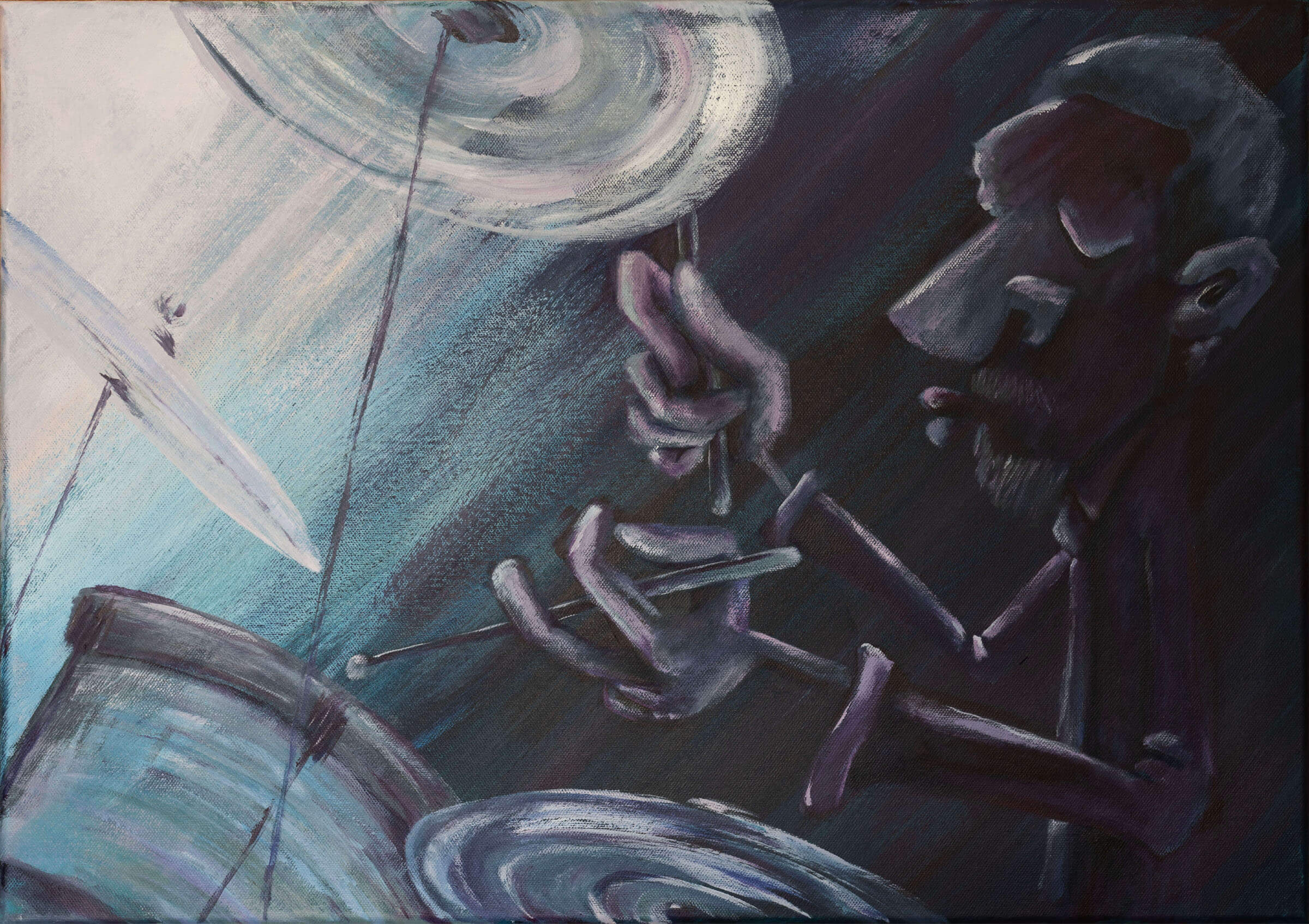 An abstract painting of a drummer player in cool tones. 