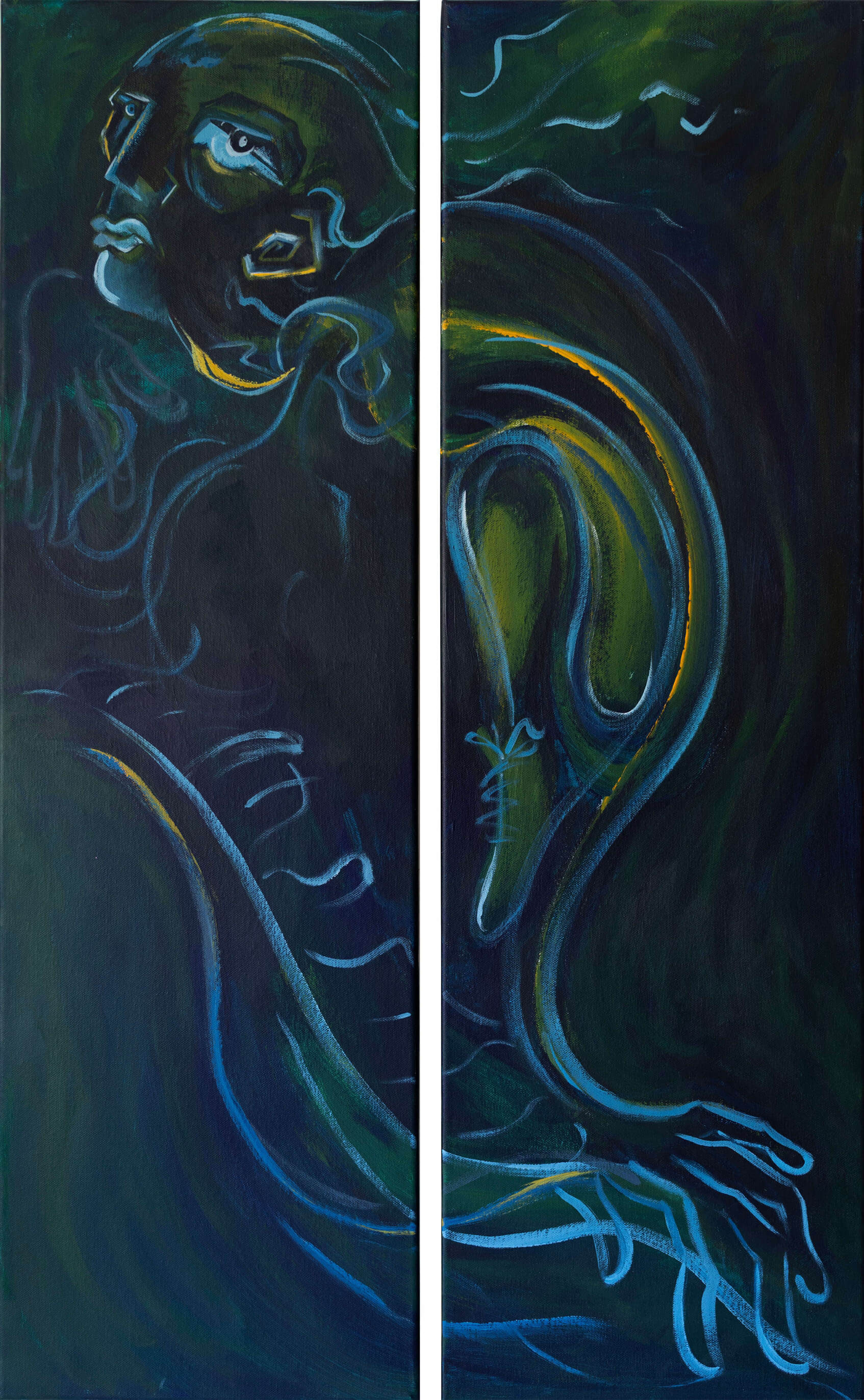 An abstract diptych painting of a piano player in cool tones. 
