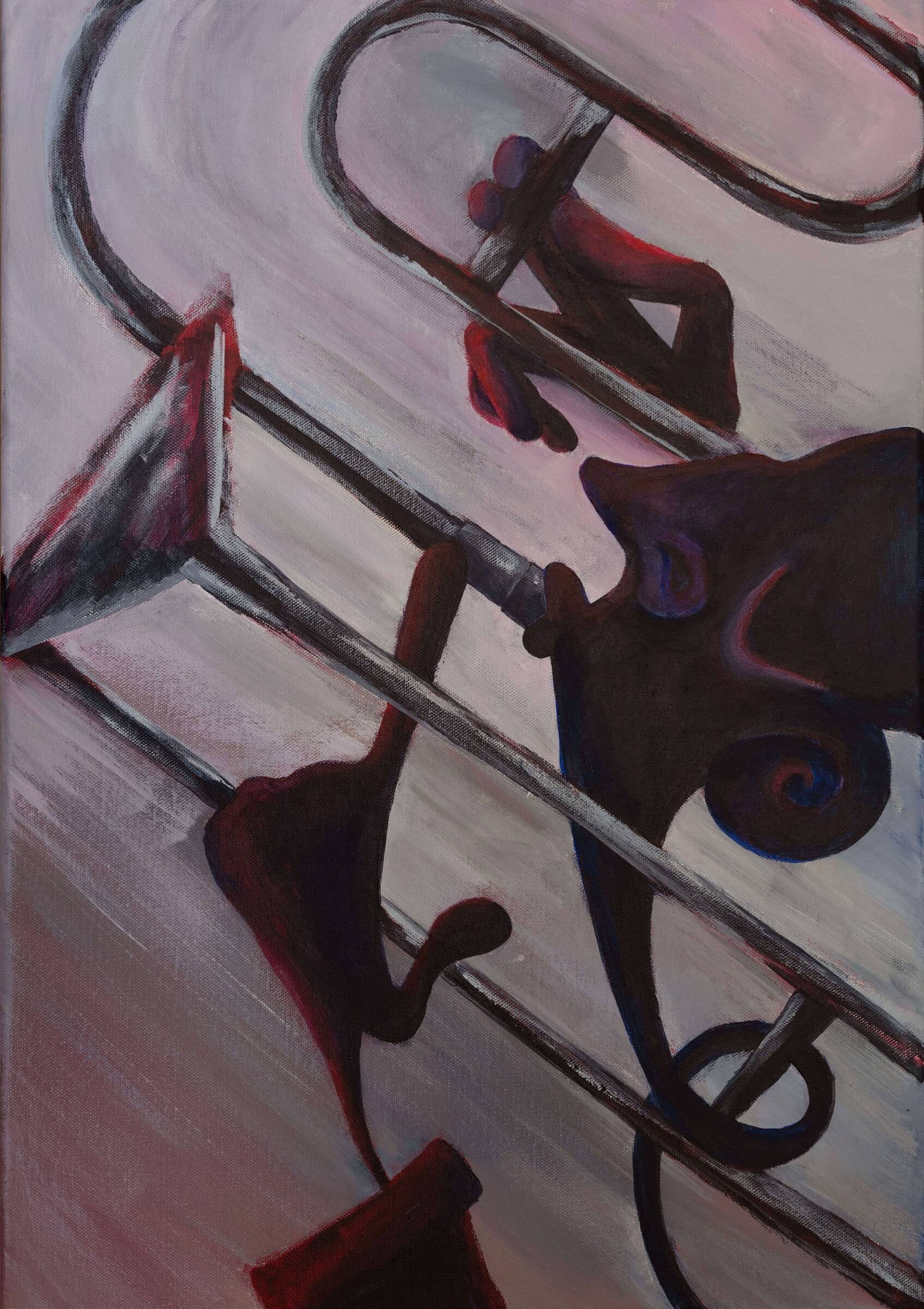 An abstract painting of a trombone player in red and light pink tones. 